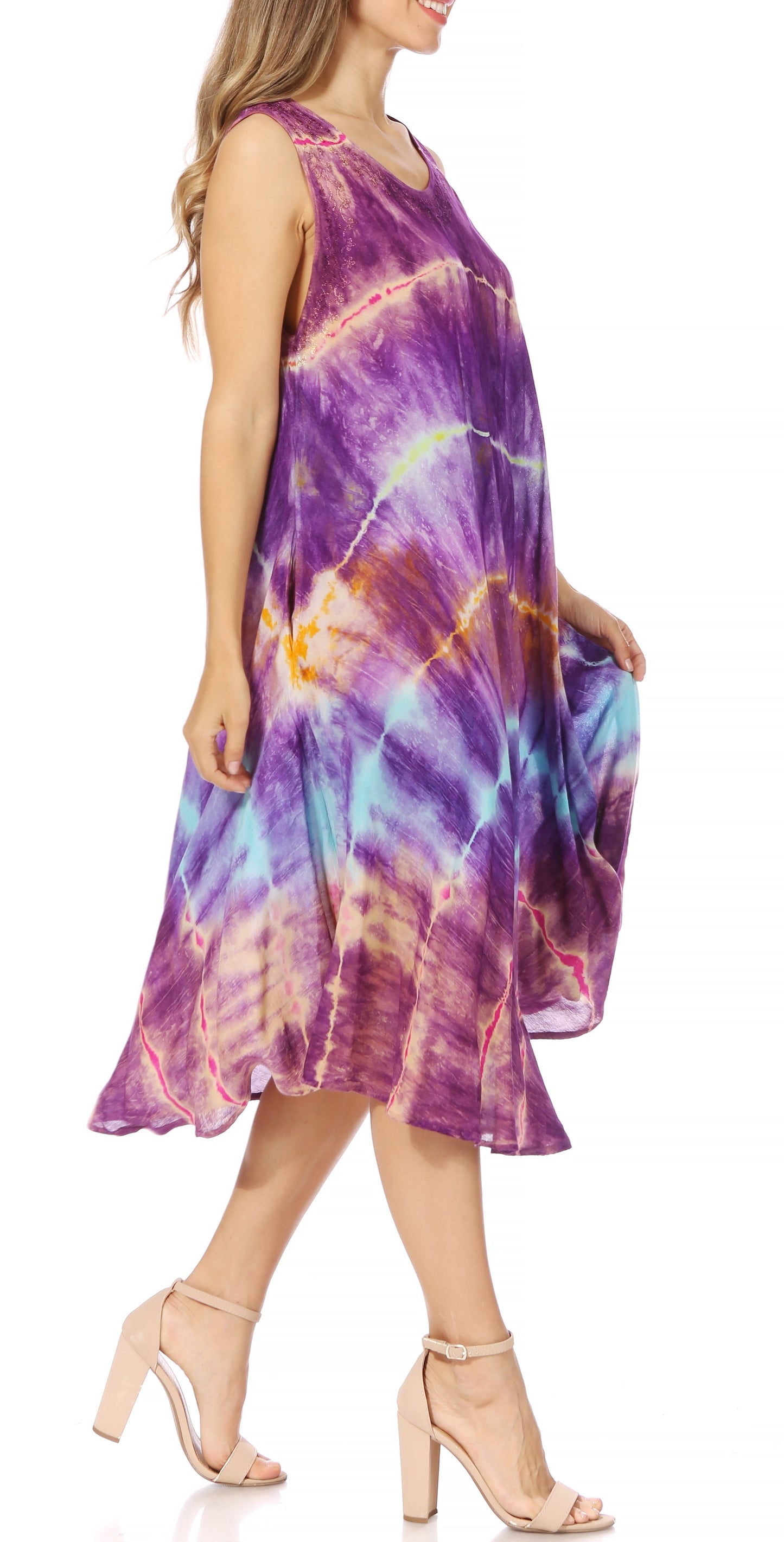 Sakkas Nora Sleeveless Embroidered Short Tie Dye Caftan Dress / Cover Up - Concordia Style Boutique