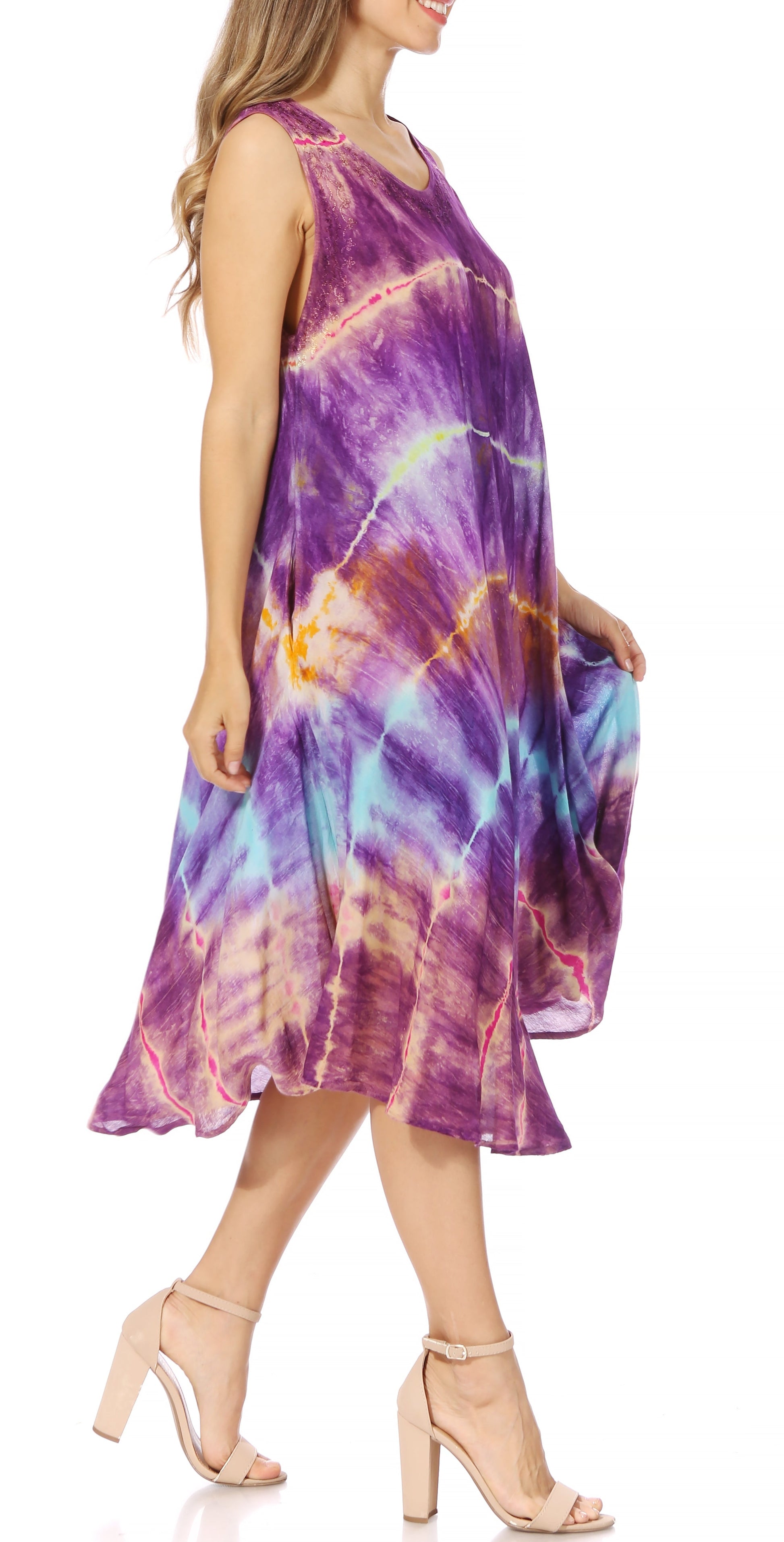 Sakkas Nora Sleeveless Embroidered Short Tie Dye Caftan Dress / Cover Up - Concordia Style Boutique