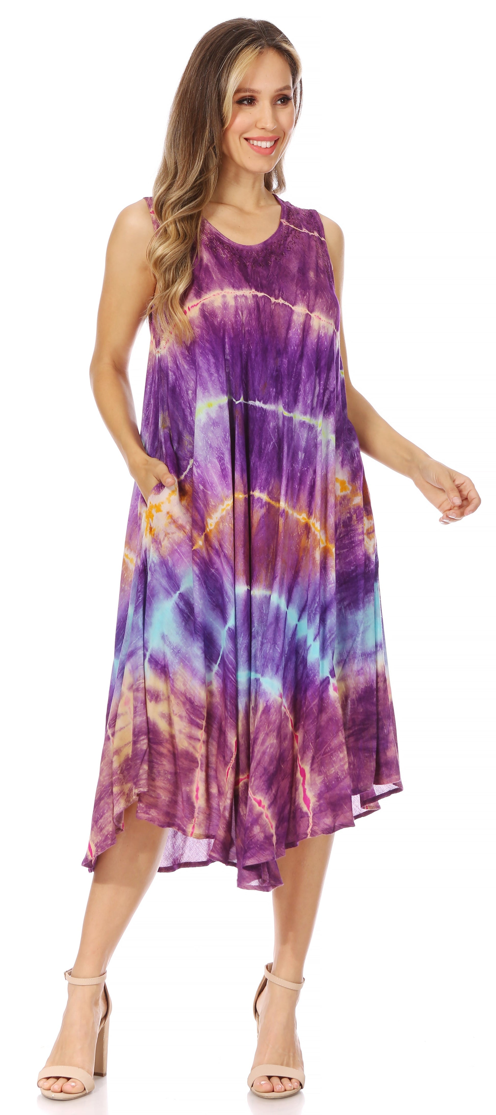 Sakkas Nora Sleeveless Embroidered Short Tie Dye Caftan Dress / Cover Up - Concordia Style Boutique