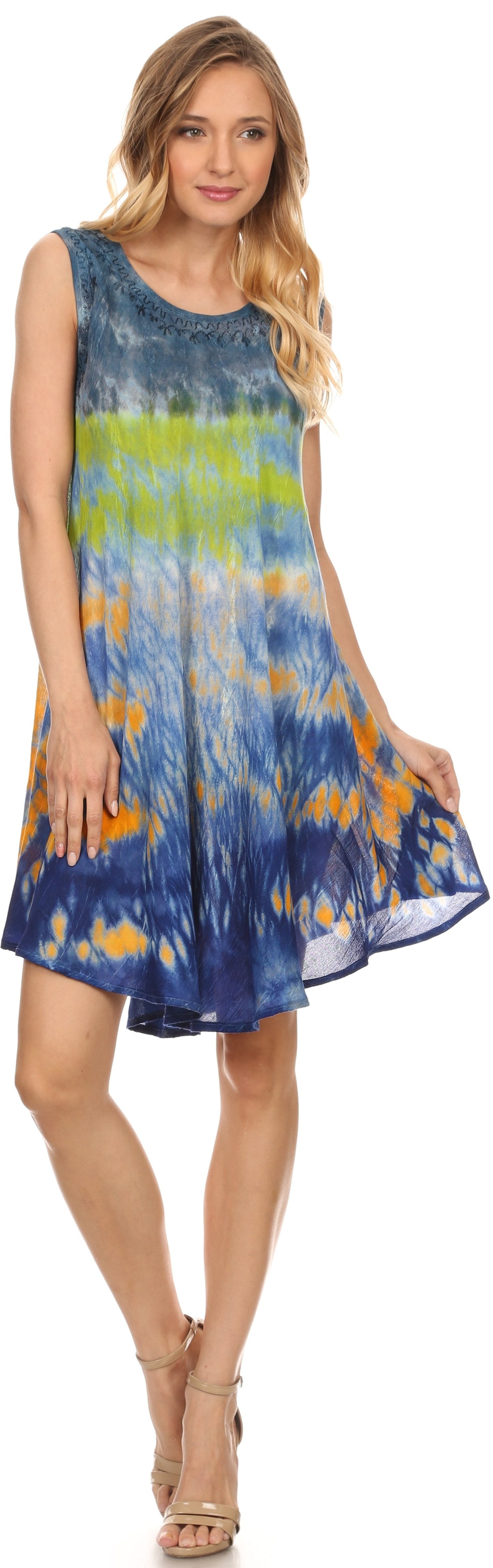 Sakkas Nora Sleeveless Embroidered Short Tie Dye Caftan Dress / Cover Up - Concordia Style Boutique