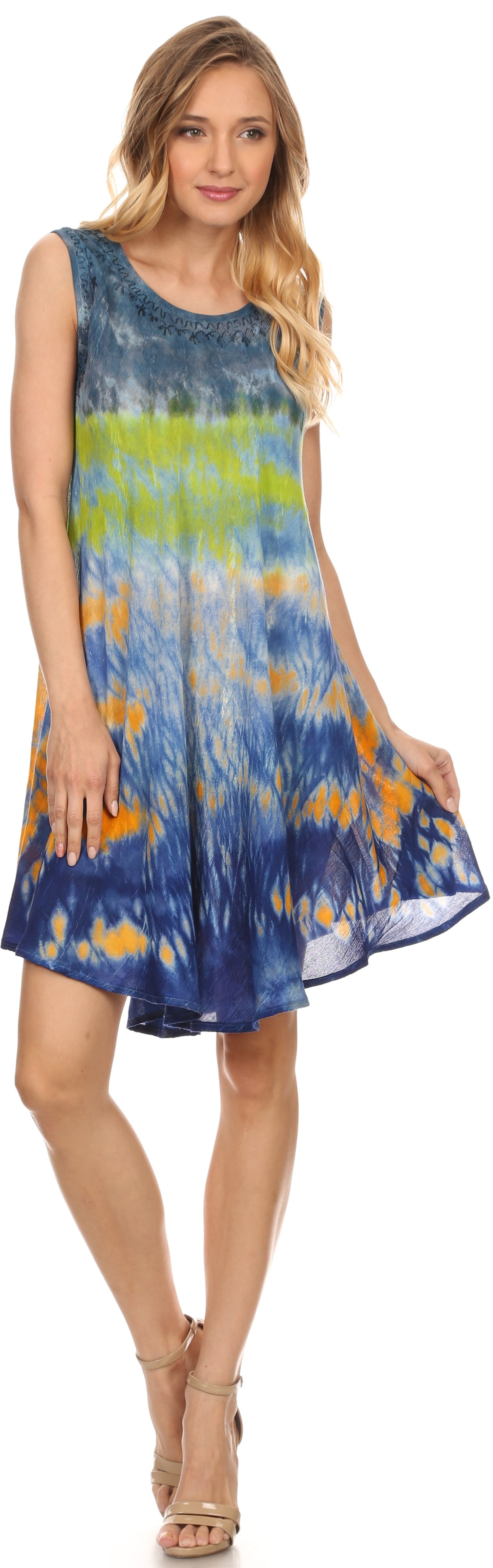 Sakkas Nora Sleeveless Embroidered Short Tie Dye Caftan Dress / Cover Up - Concordia Style Boutique