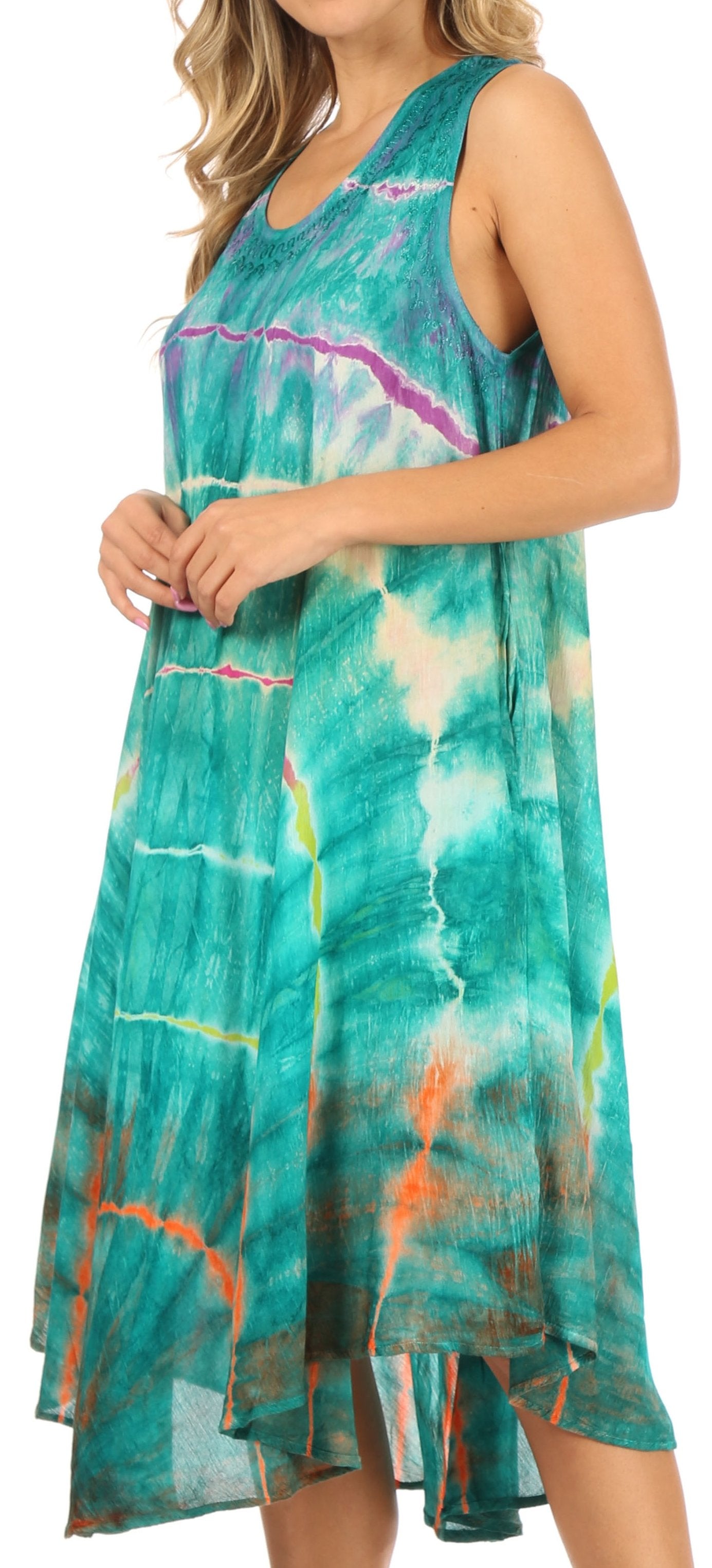 Sakkas Nora Sleeveless Embroidered Short Tie Dye Caftan Dress / Cover Up - Concordia Style Boutique