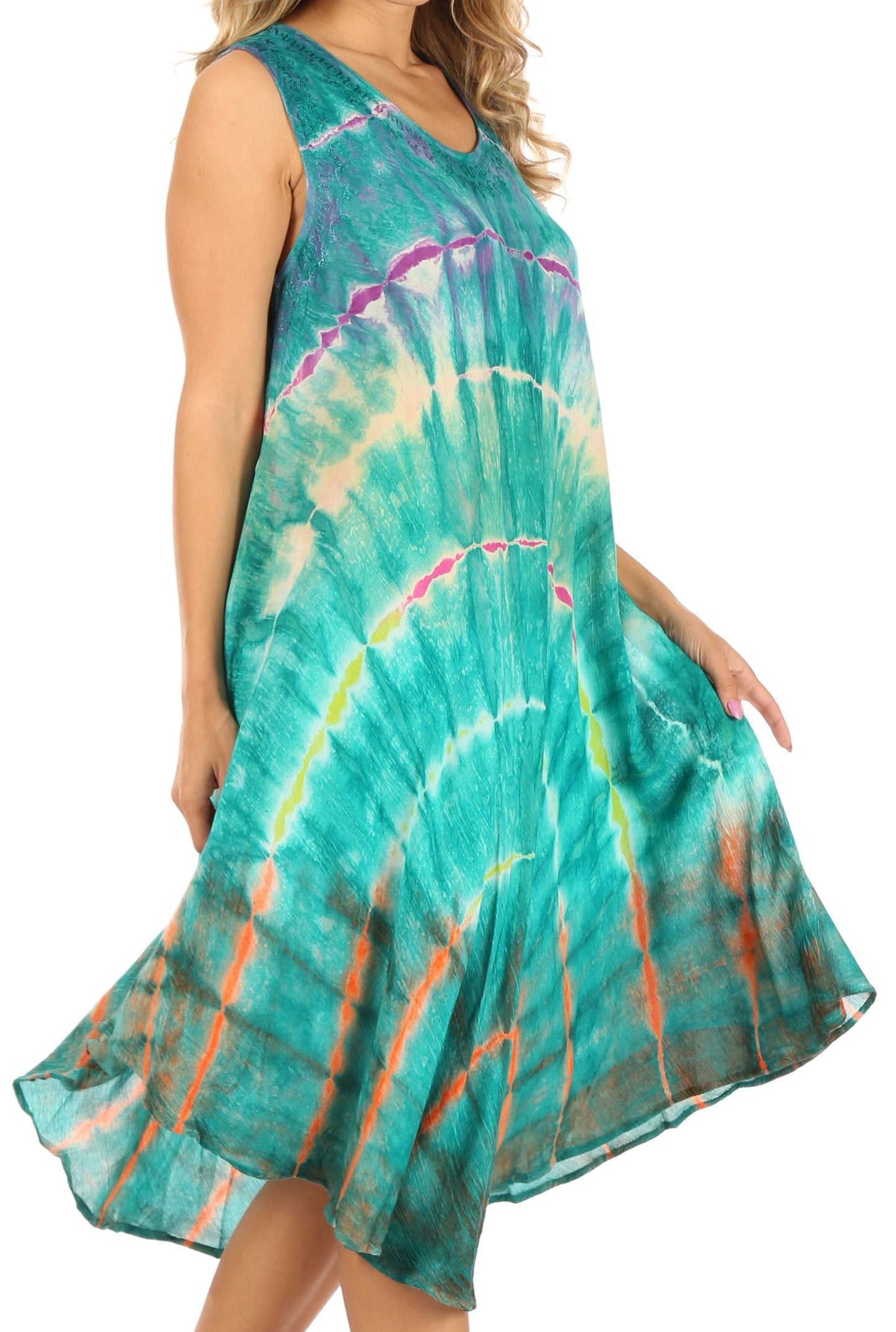 Sakkas Nora Sleeveless Embroidered Short Tie Dye Caftan Dress / Cover Up - Concordia Style Boutique