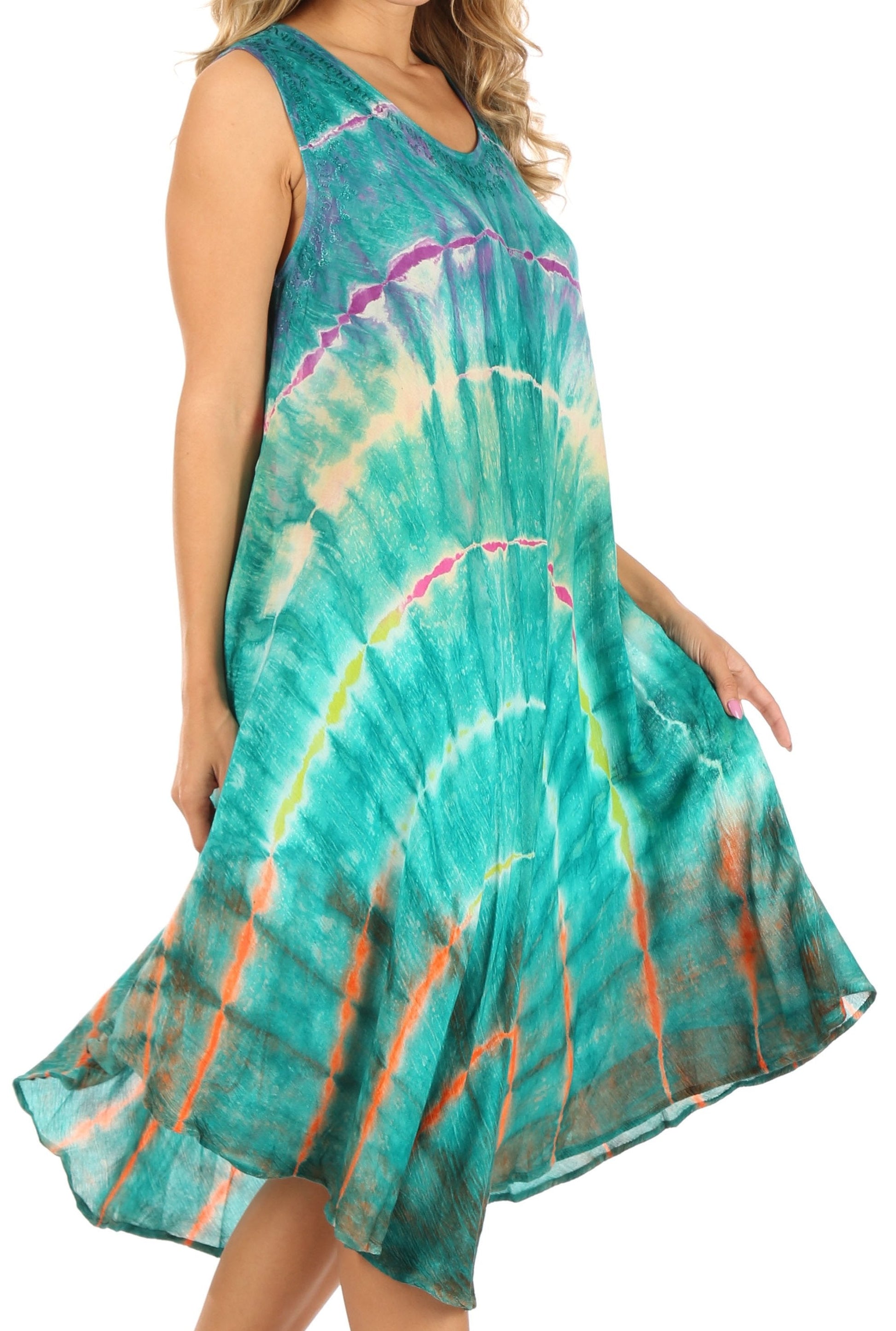 Sakkas Nora Sleeveless Embroidered Short Tie Dye Caftan Dress / Cover Up - Concordia Style Boutique