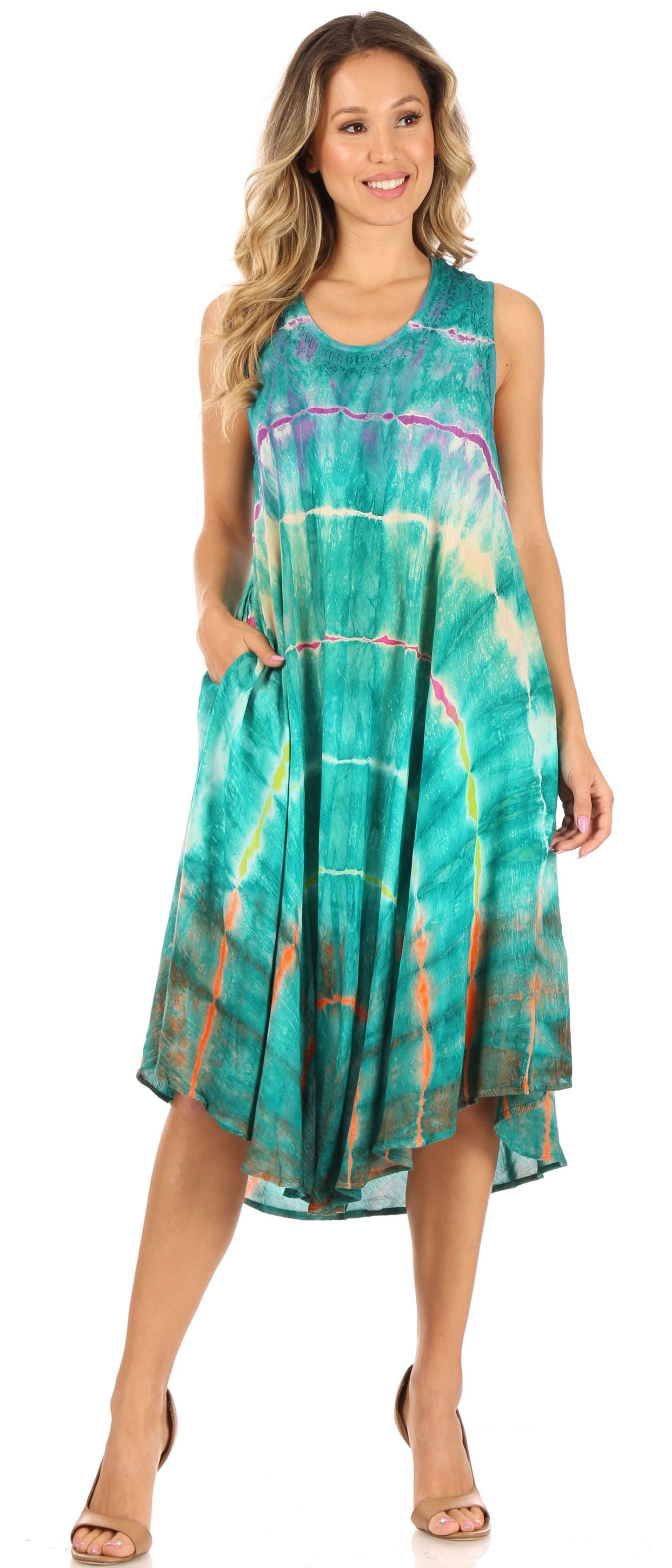 Sakkas Nora Sleeveless Embroidered Short Tie Dye Caftan Dress / Cover Up - Concordia Style Boutique