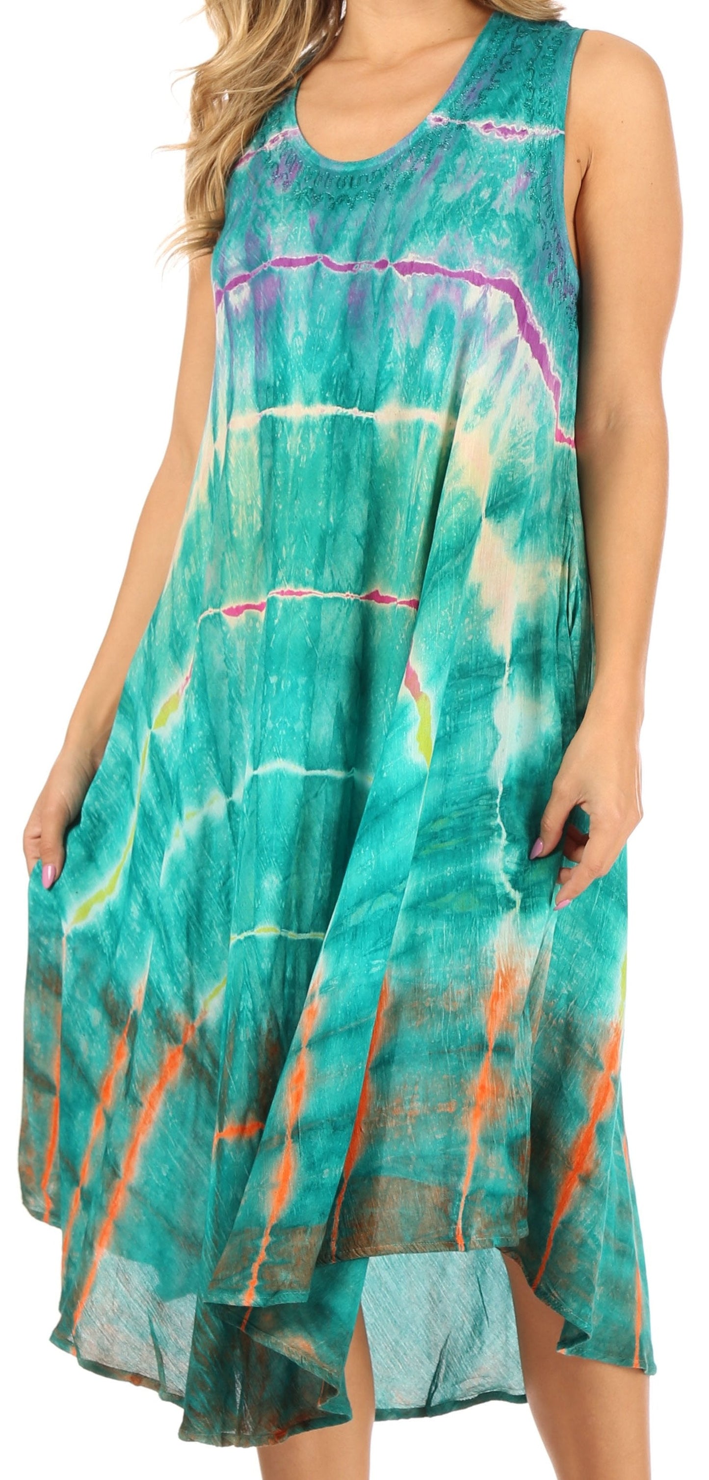 Sakkas Nora Sleeveless Embroidered Short Tie Dye Caftan Dress / Cover Up - Concordia Style Boutique