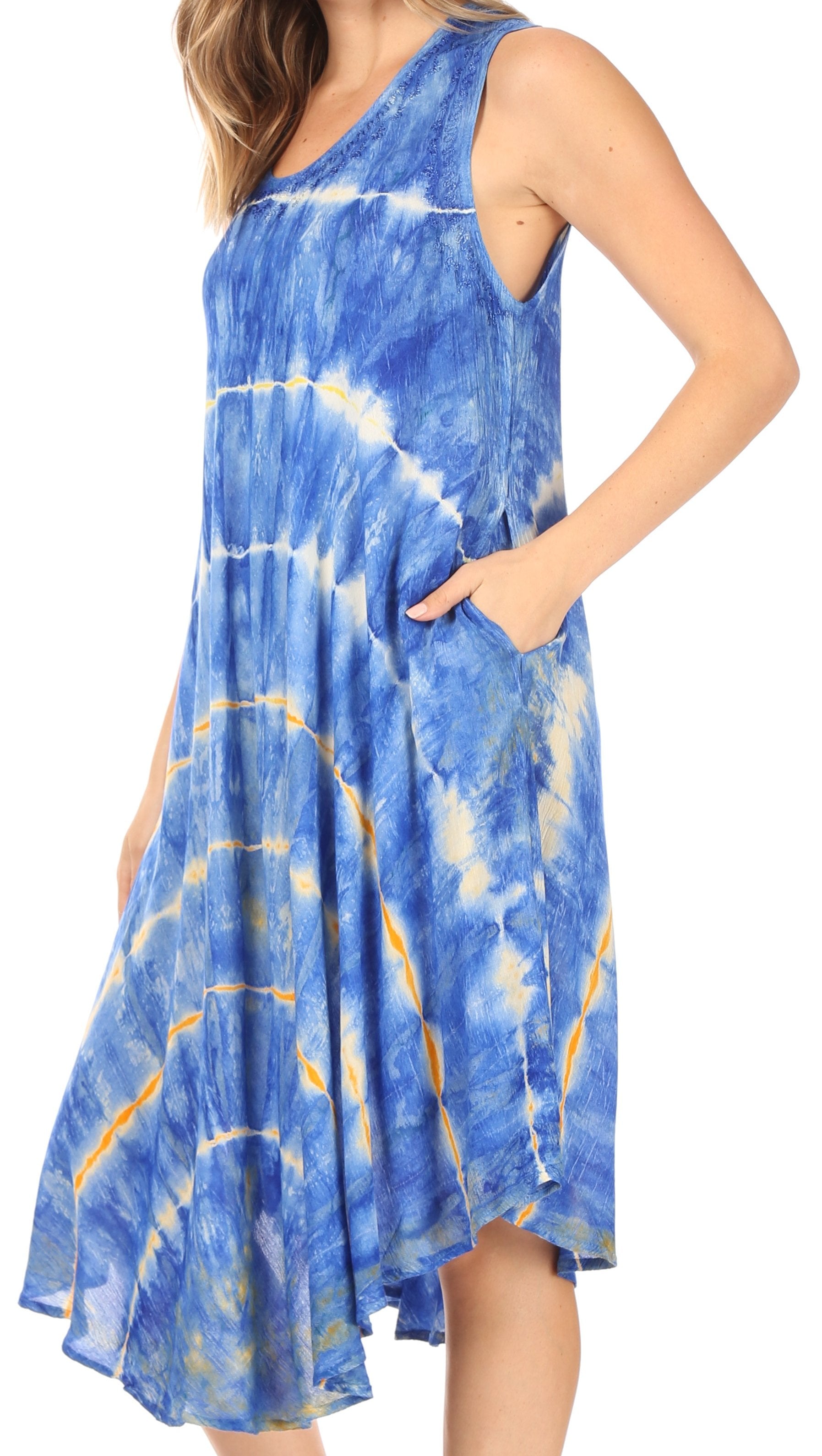 Sakkas Nora Sleeveless Embroidered Short Tie Dye Caftan Dress / Cover Up - Concordia Style Boutique