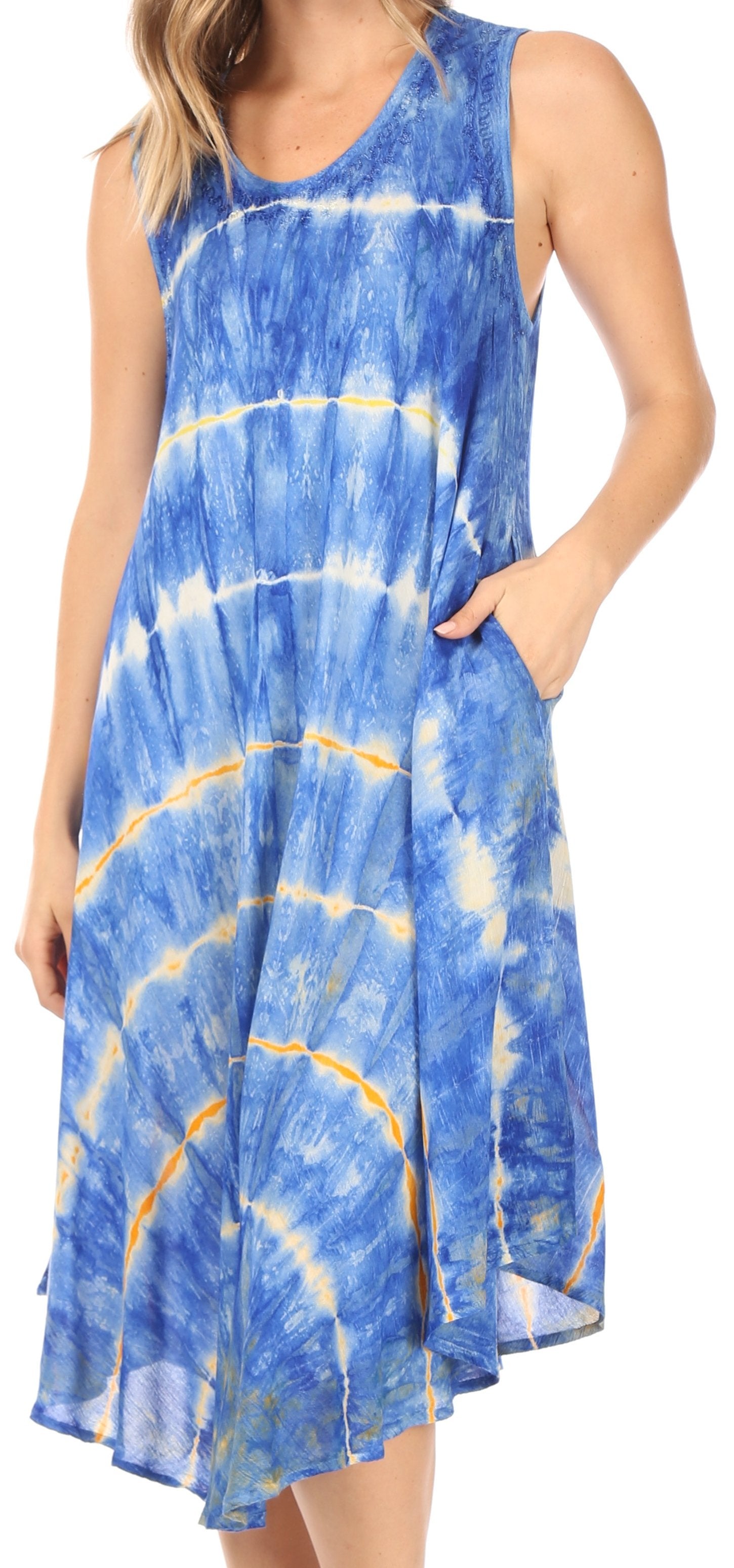 Sakkas Nora Sleeveless Embroidered Short Tie Dye Caftan Dress / Cover Up - Concordia Style Boutique