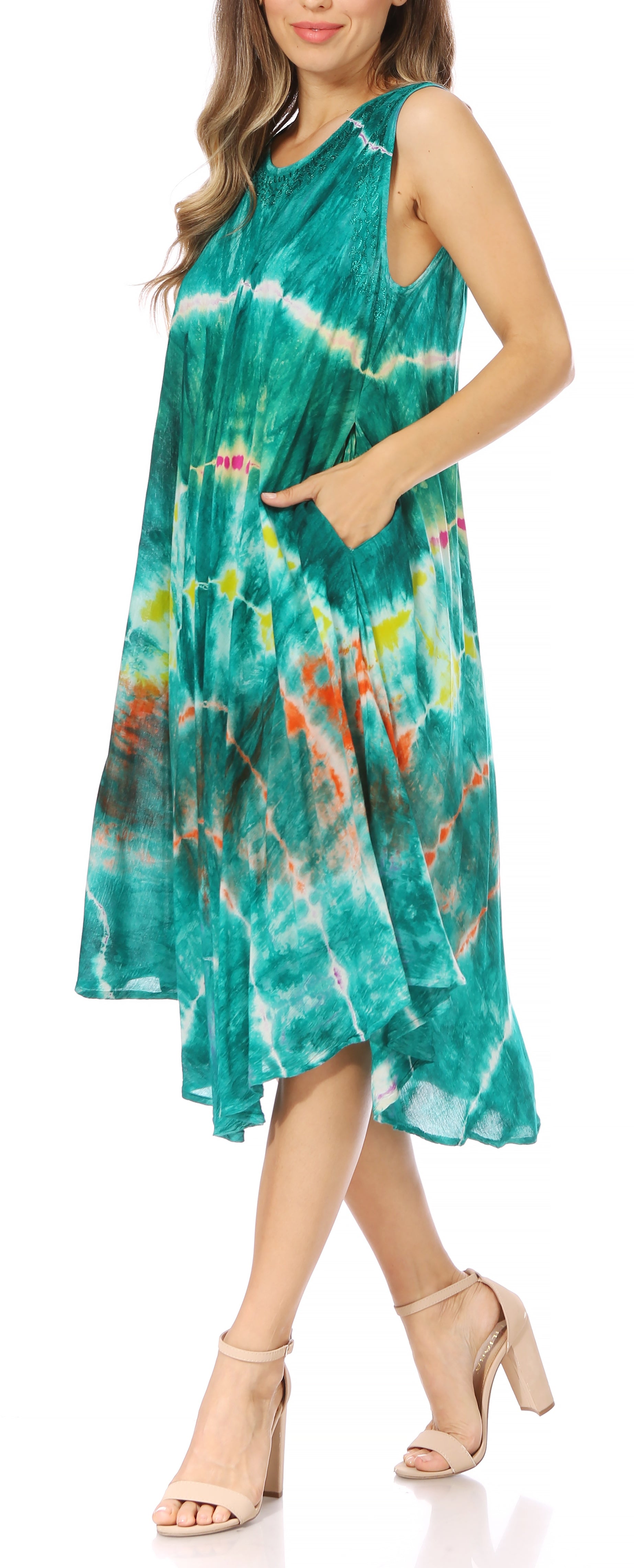 Sakkas Nora Sleeveless Embroidered Short Tie Dye Caftan Dress / Cover Up - Concordia Style Boutique