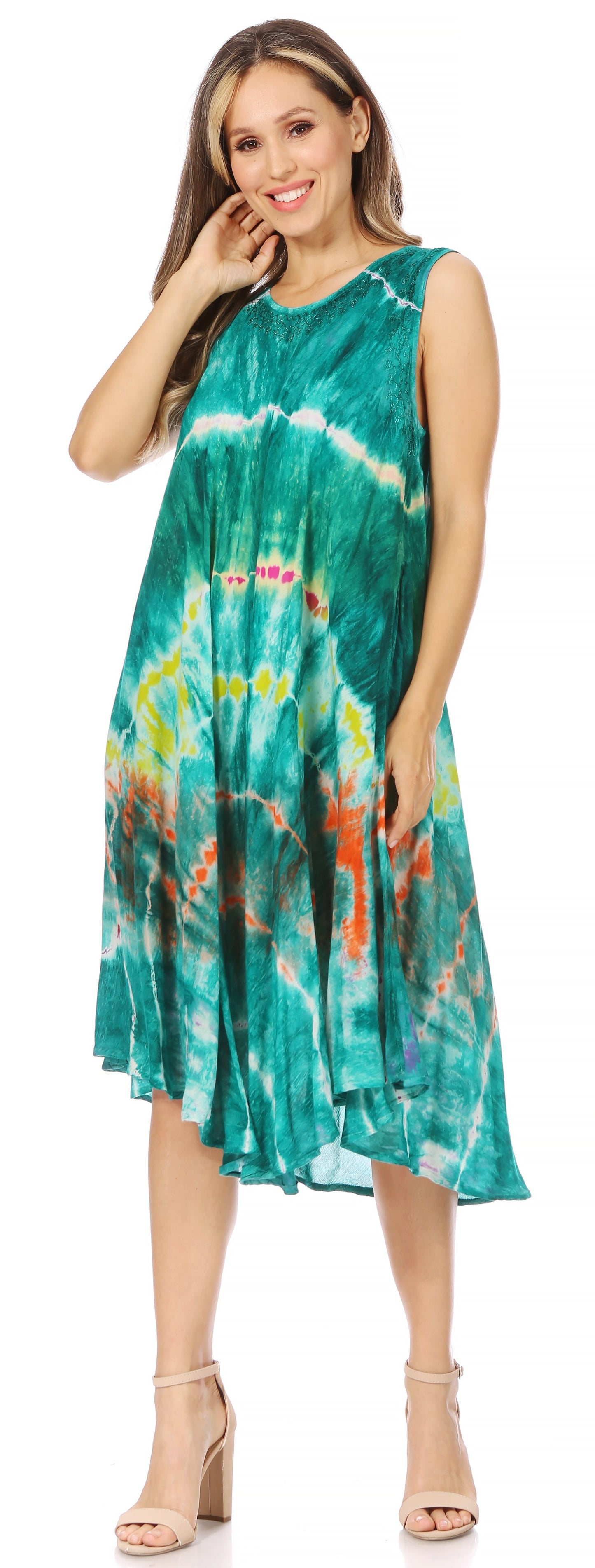 Sakkas Nora Sleeveless Embroidered Short Tie Dye Caftan Dress / Cover Up - Concordia Style Boutique