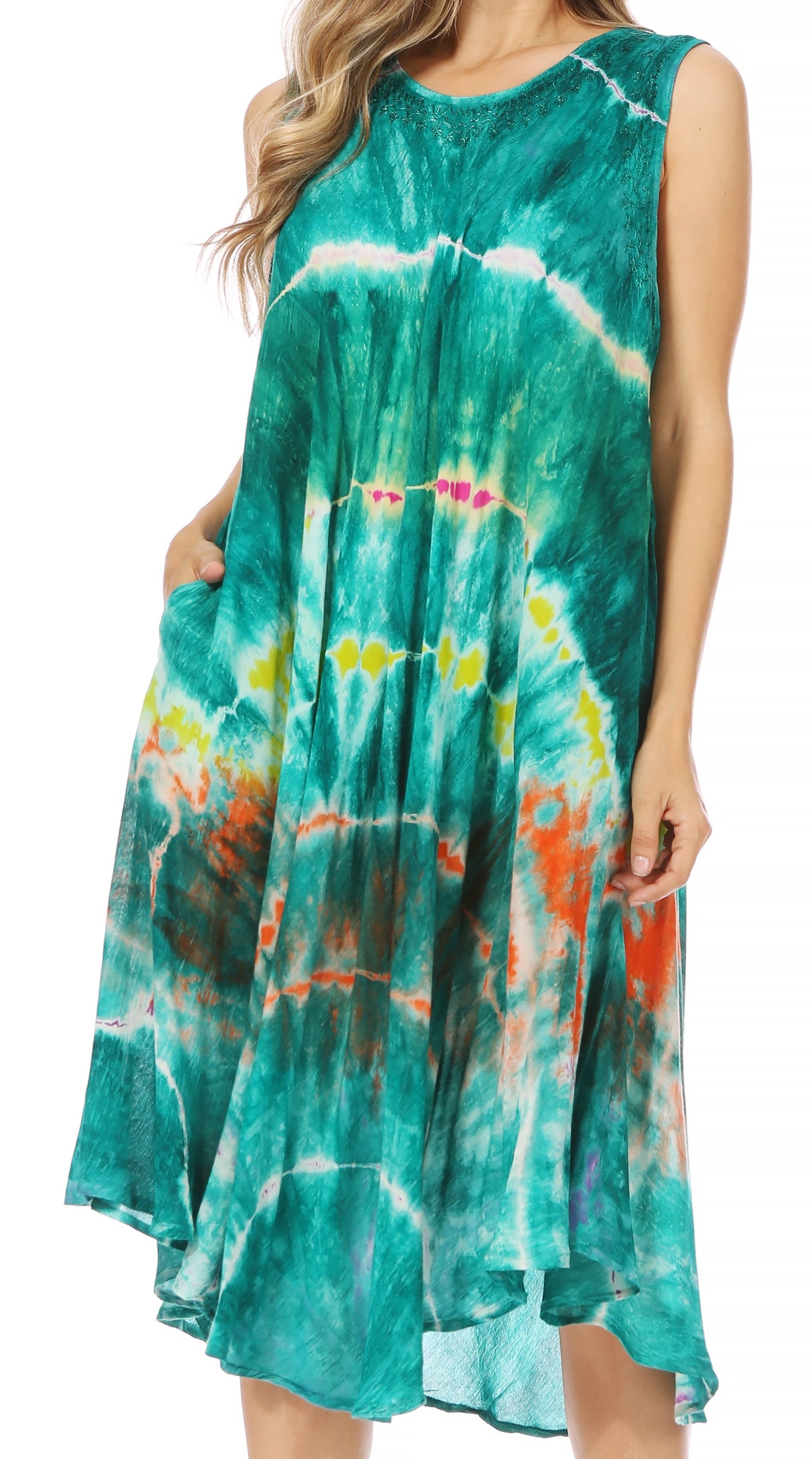 Sakkas Nora Sleeveless Embroidered Short Tie Dye Caftan Dress / Cover Up - Concordia Style Boutique