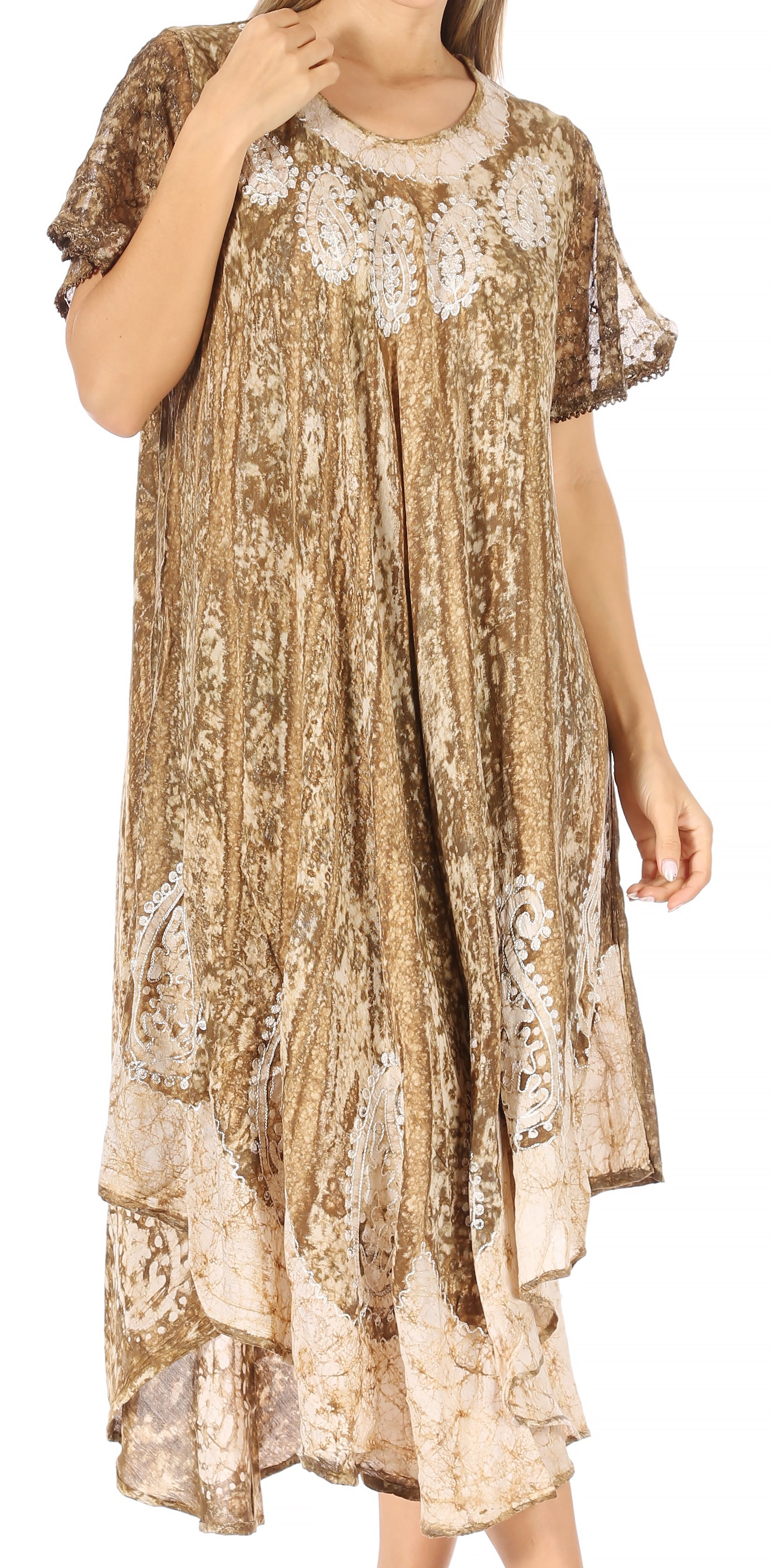 Sakkas Bree Long Embroidered Cap Sleeve Marbled Dress - Concordia Style Boutique