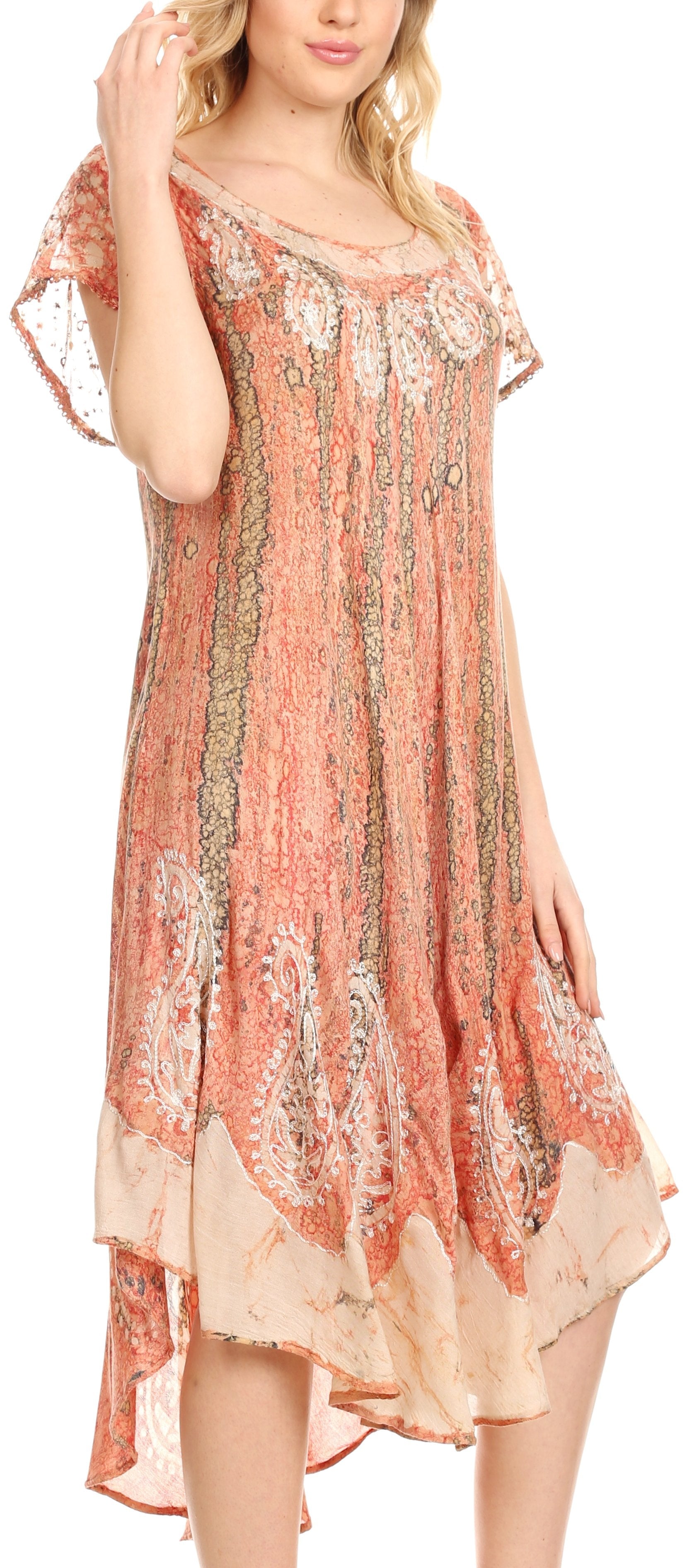 Sakkas Bree Long Embroidered Cap Sleeve Marbled Dress - Concordia Style Boutique