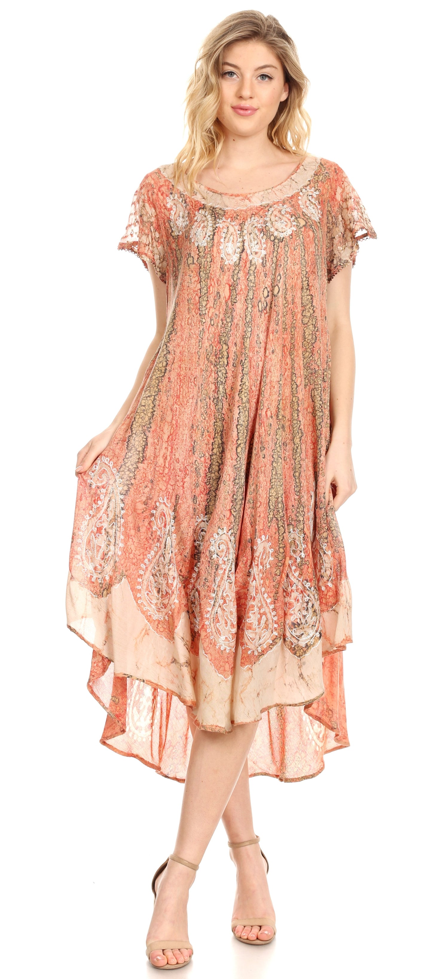 Sakkas Bree Long Embroidered Cap Sleeve Marbled Dress - Concordia Style Boutique
