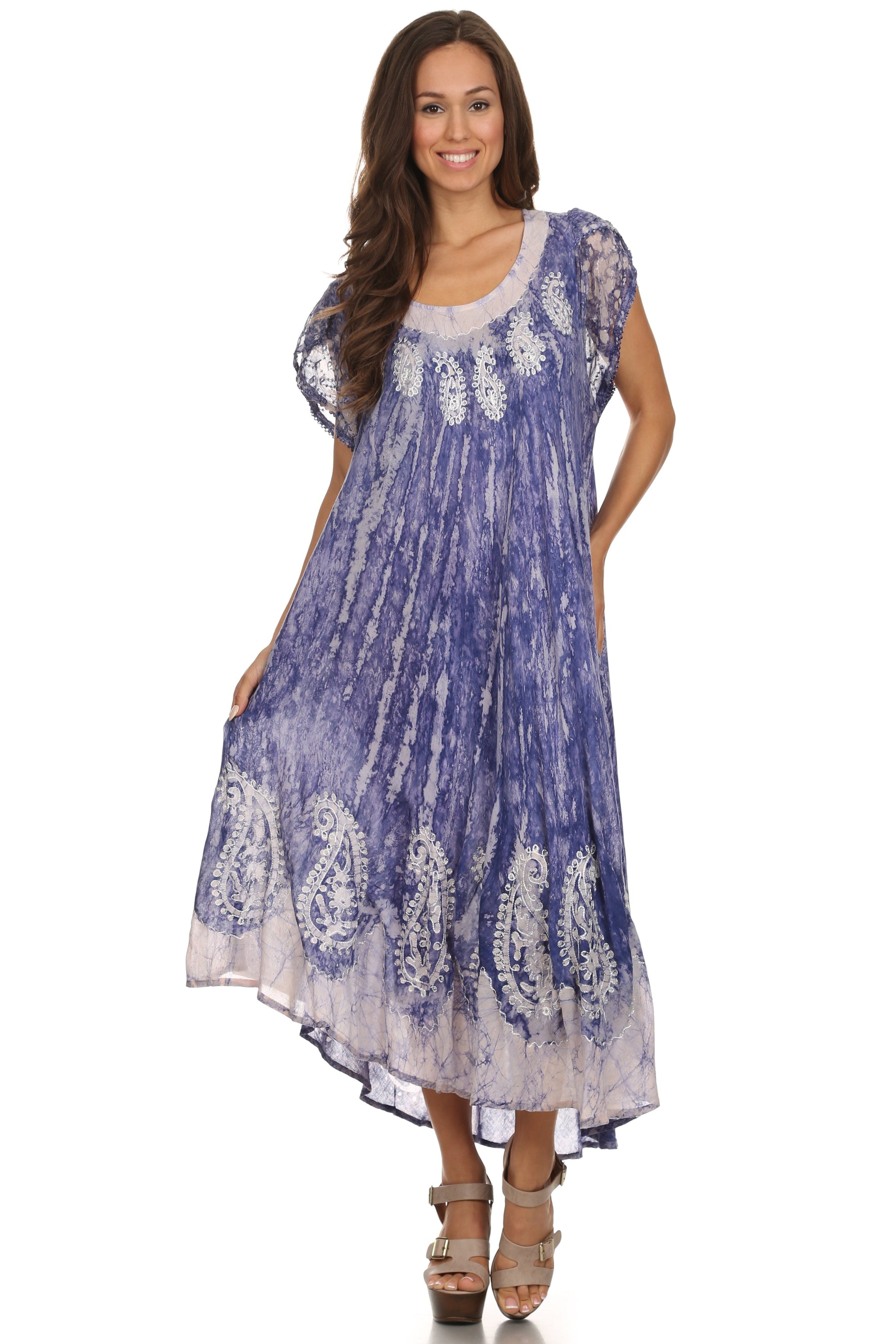 Sakkas Bree Long Embroidered Cap Sleeve Marbled Dress - Concordia Style Boutique