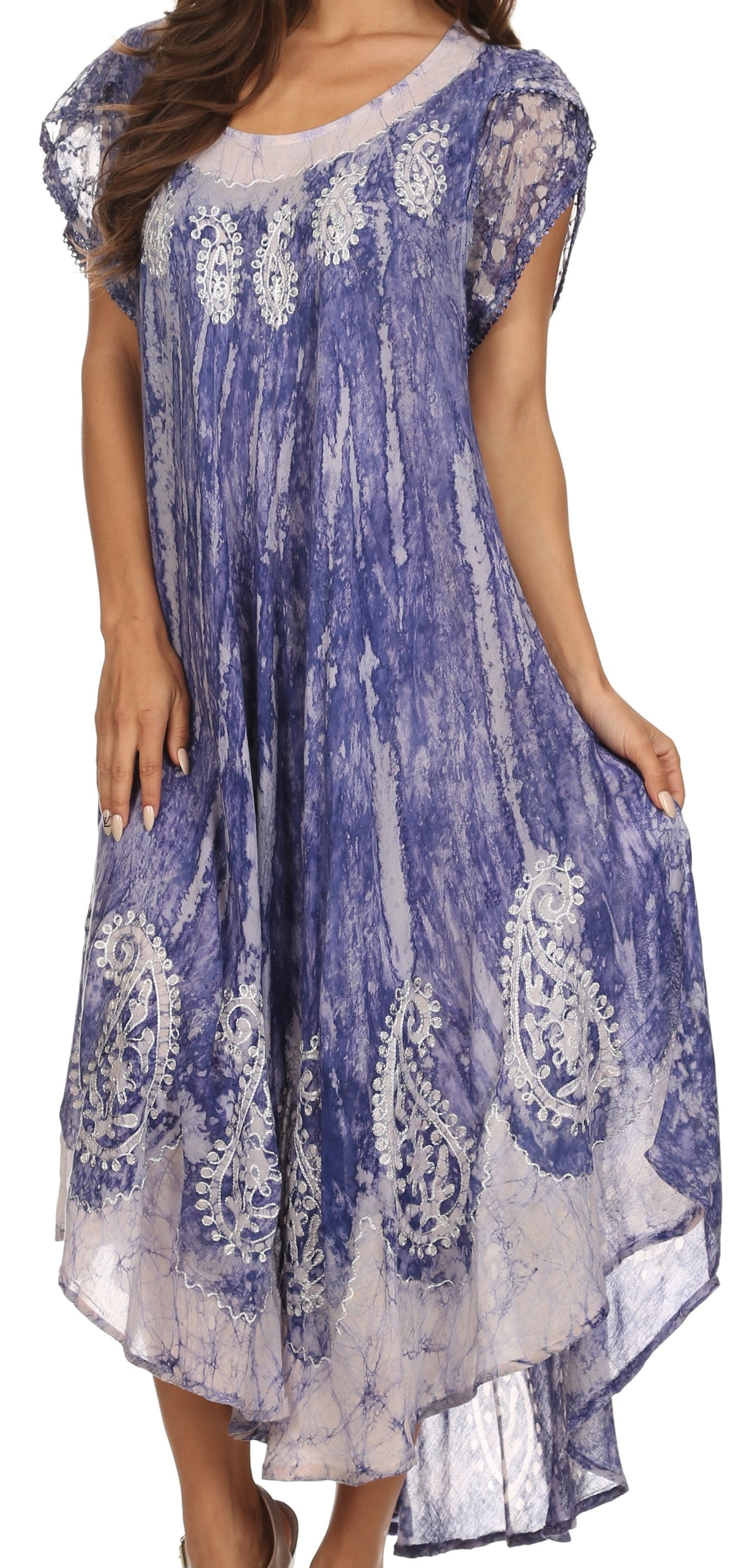 Sakkas Bree Long Embroidered Cap Sleeve Marbled Dress - Concordia Style Boutique