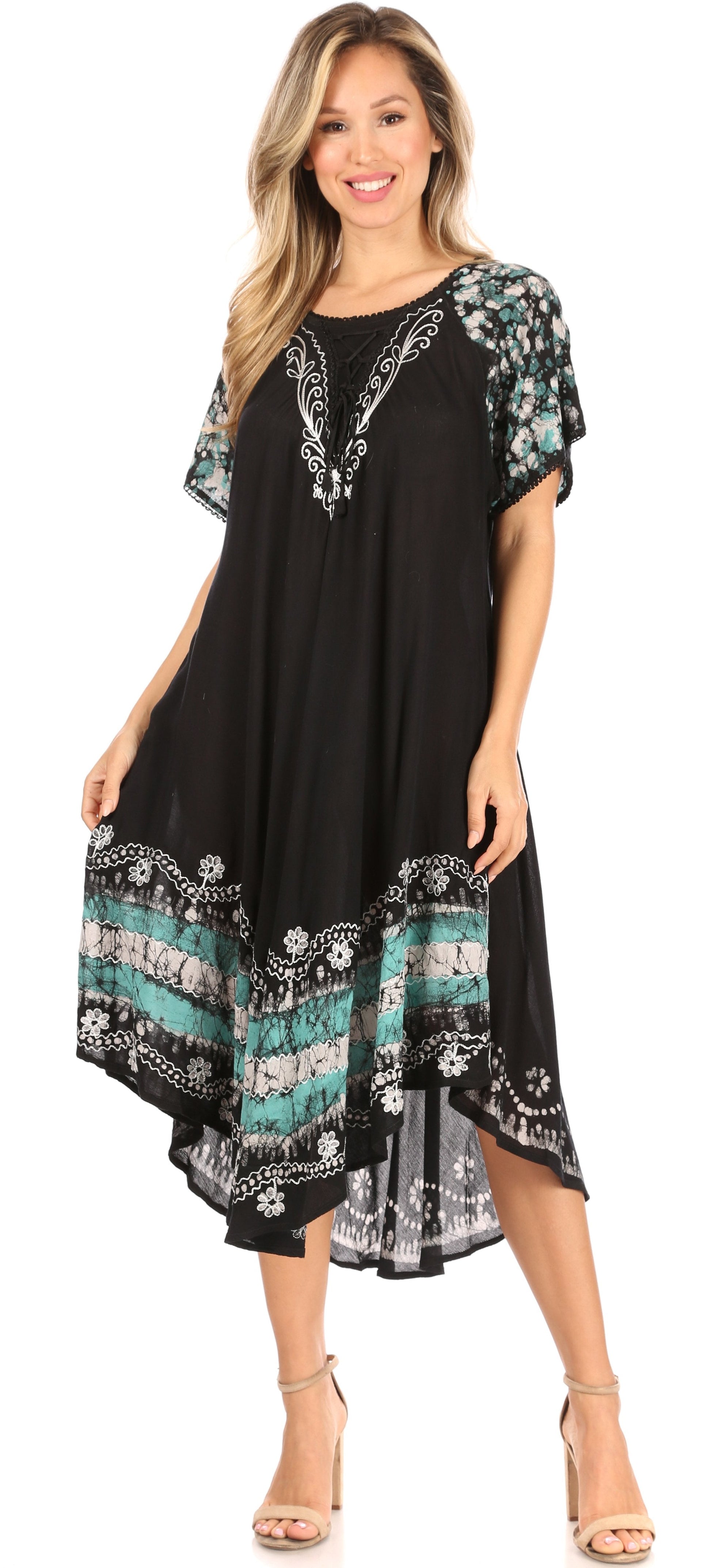 Sakkas Elisha Mid Length Batik Caftan Embroidered Cap Sleeves Floral Pattern - Concordia Style Boutique