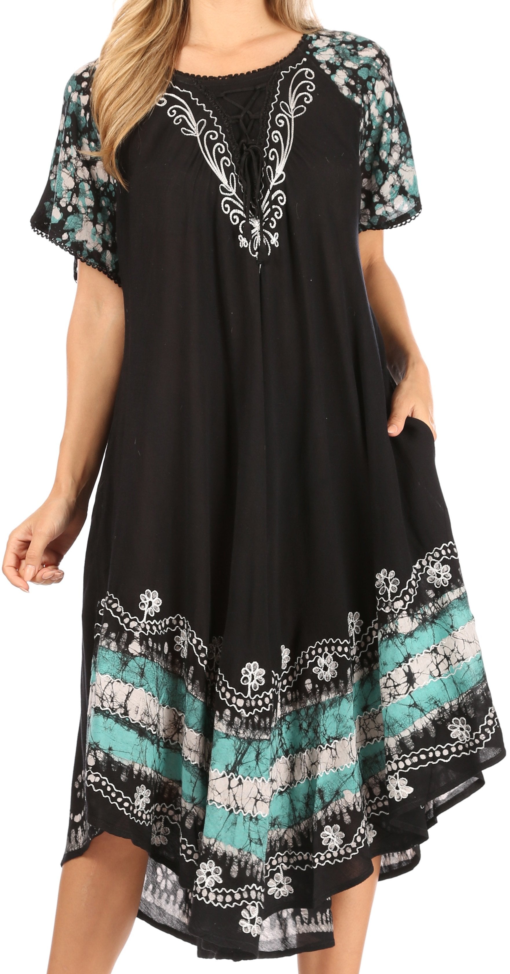 Sakkas Elisha Mid Length Batik Caftan Embroidered Cap Sleeves Floral Pattern - Concordia Style Boutique