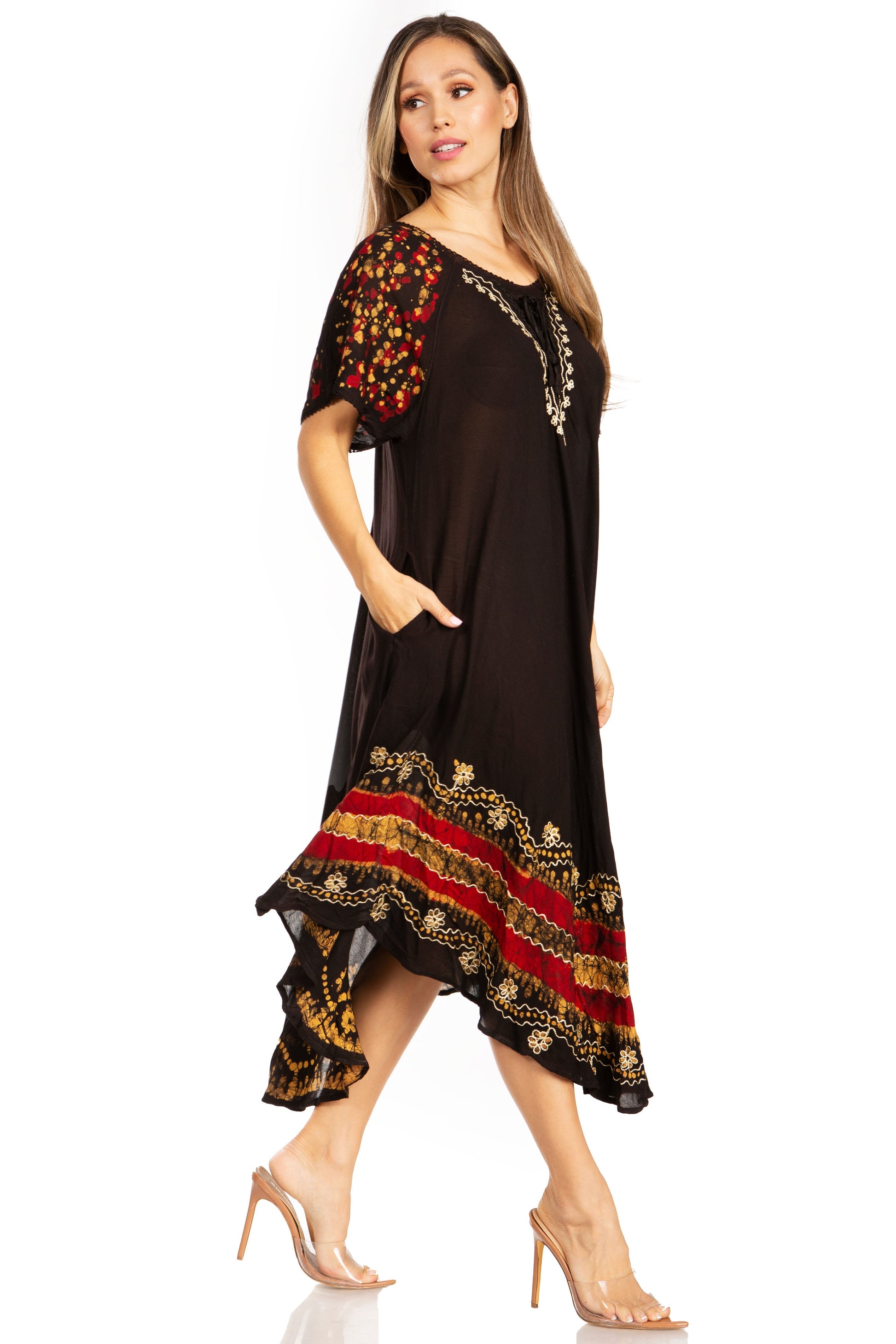 Sakkas Elisha Mid Length Batik Caftan Embroidered Cap Sleeves Floral Pattern - Concordia Style Boutique