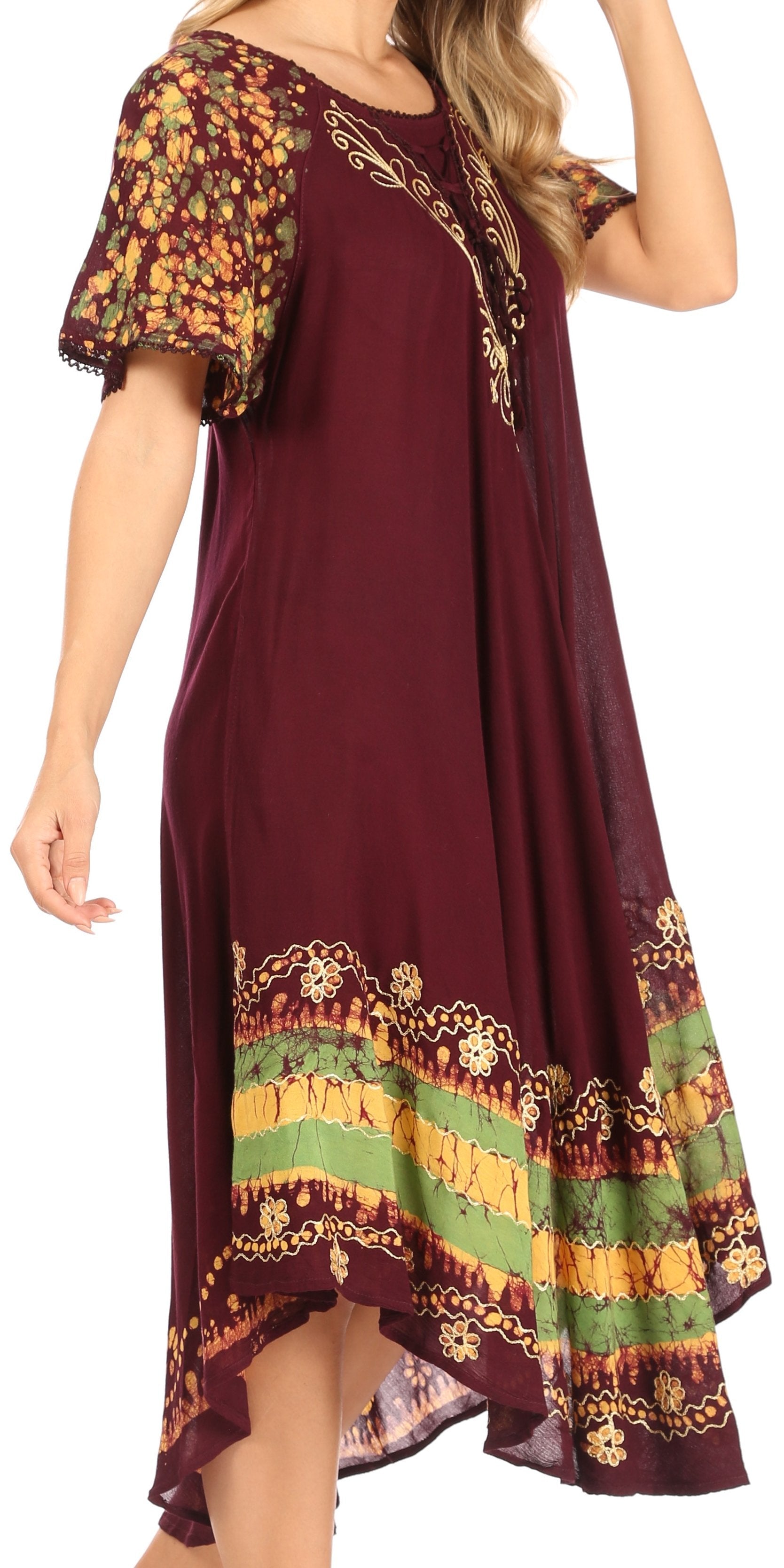 Sakkas Elisha Mid Length Batik Caftan Embroidered Cap Sleeves Floral Pattern - Concordia Style Boutique