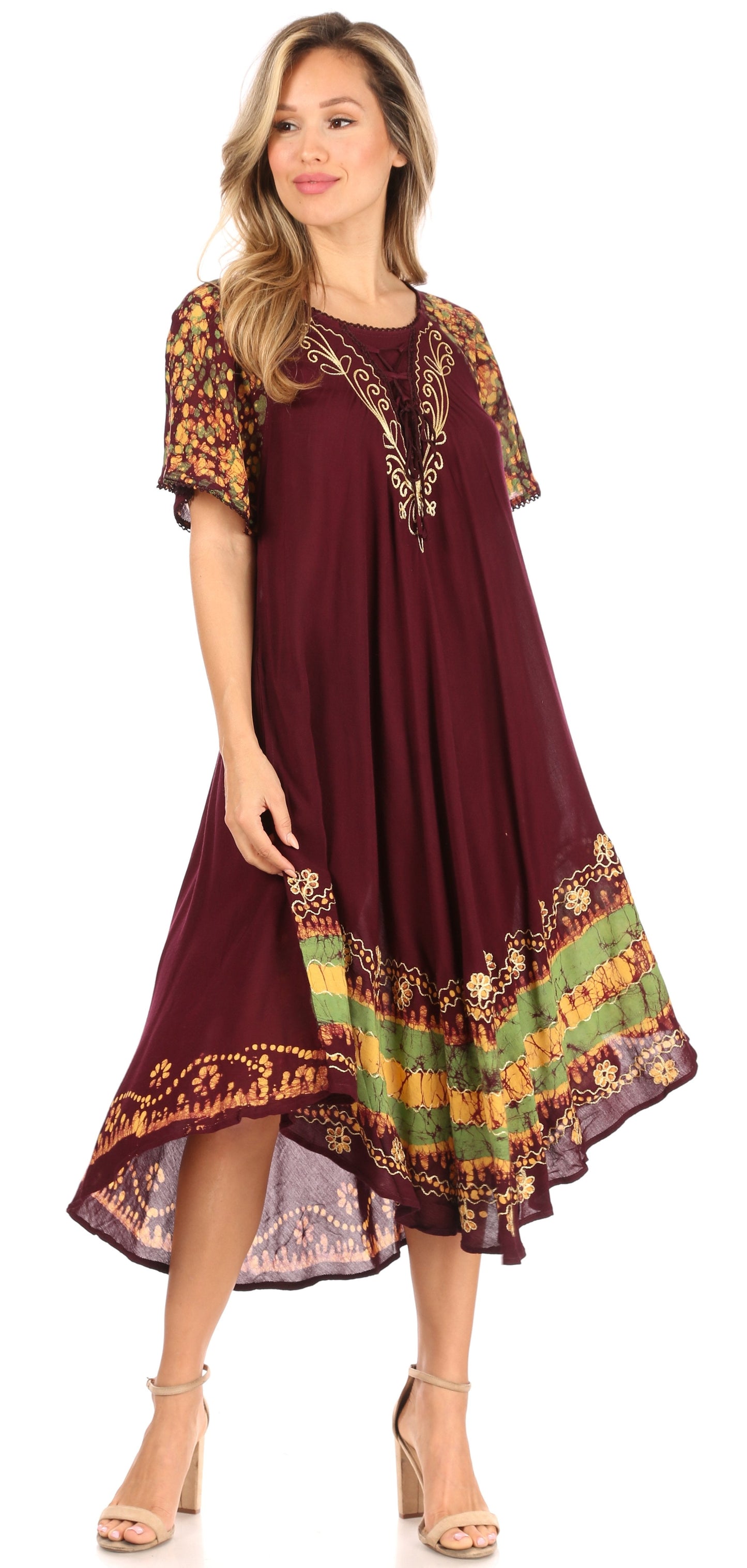 Sakkas Elisha Mid Length Batik Caftan Embroidered Cap Sleeves Floral Pattern - Concordia Style Boutique