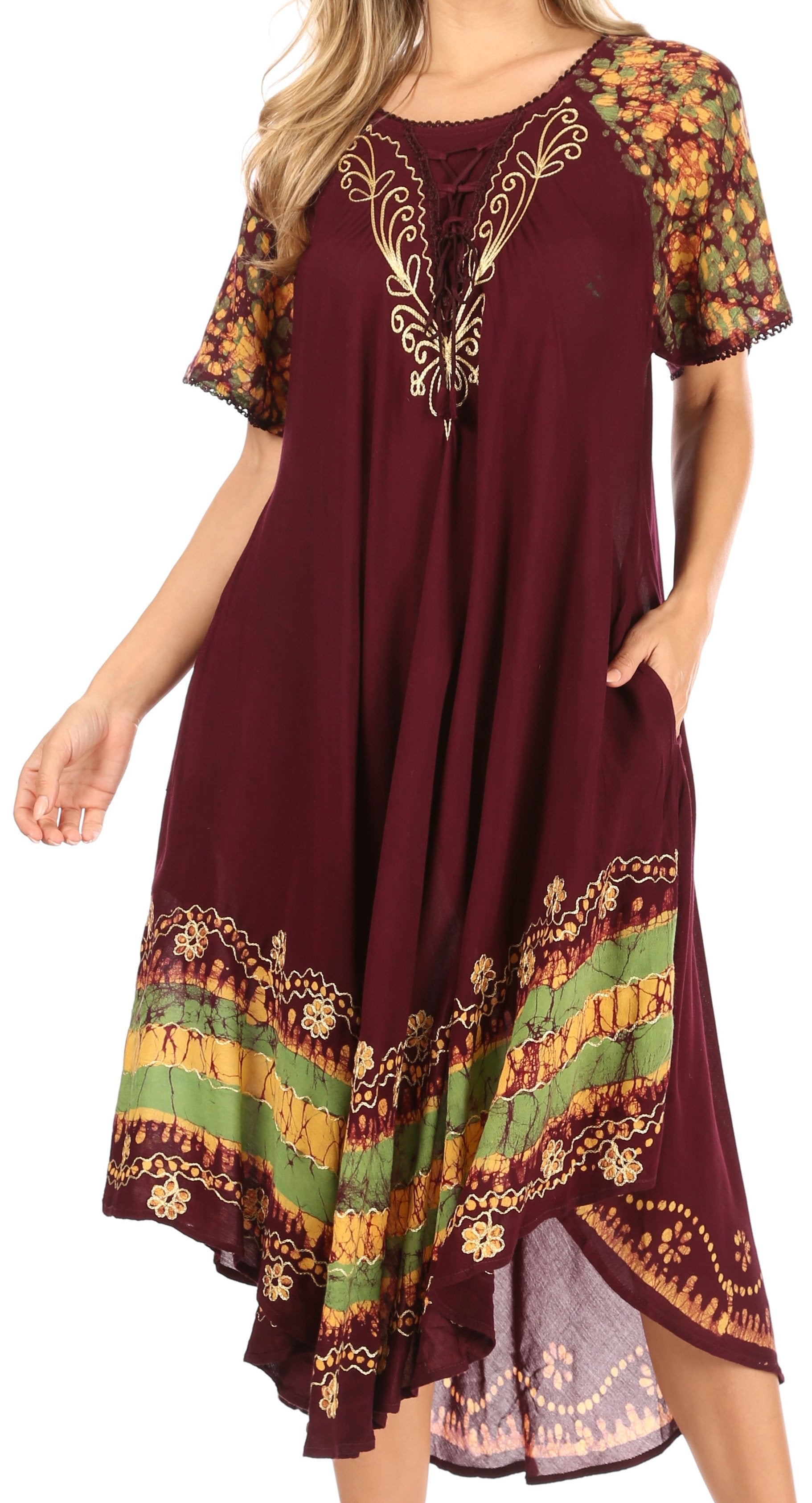 Sakkas Elisha Mid Length Batik Caftan Embroidered Cap Sleeves Floral Pattern - Concordia Style Boutique