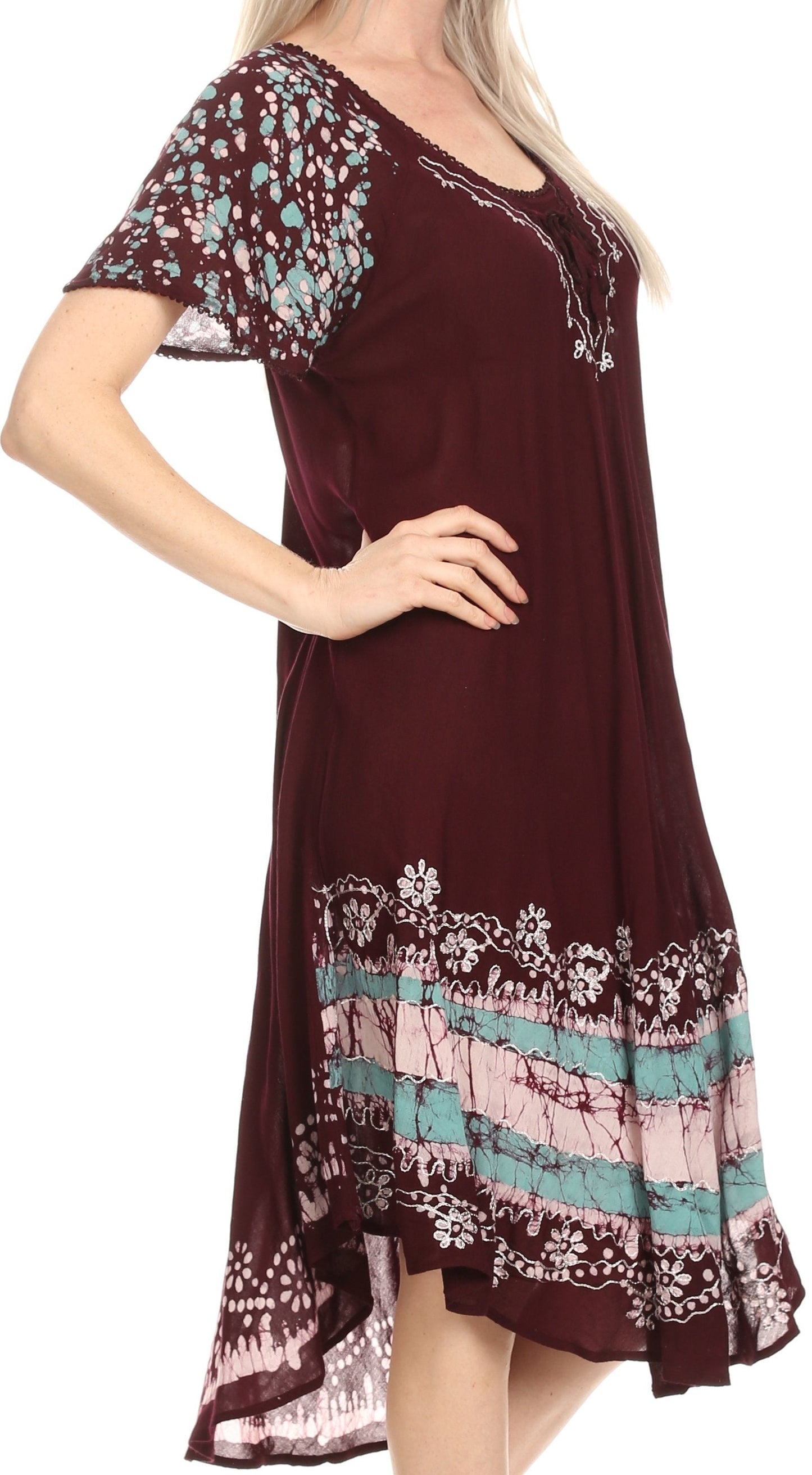 Sakkas Elisha Mid Length Batik Caftan Embroidered Cap Sleeves Floral Pattern - Concordia Style Boutique