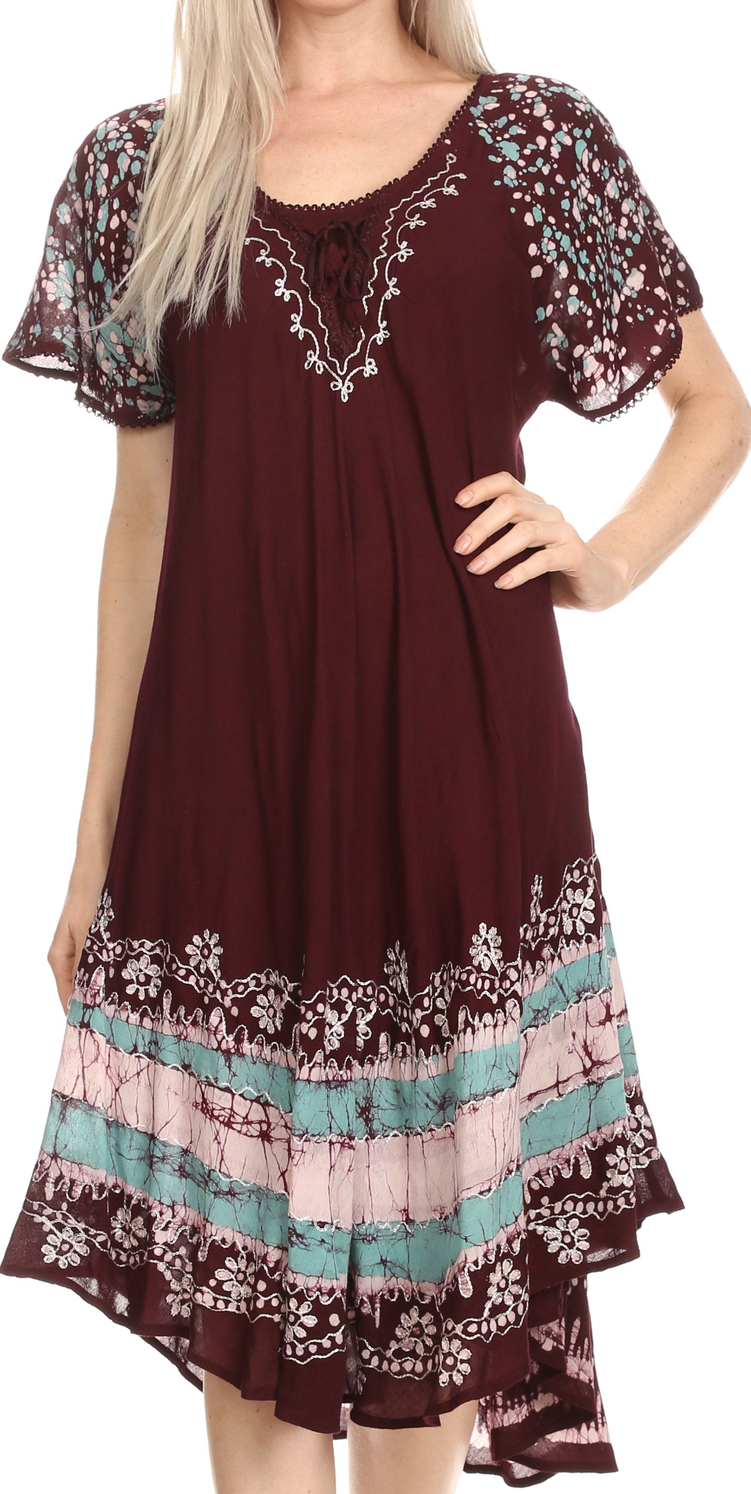 Sakkas Elisha Mid Length Batik Caftan Embroidered Cap Sleeves Floral Pattern - Concordia Style Boutique