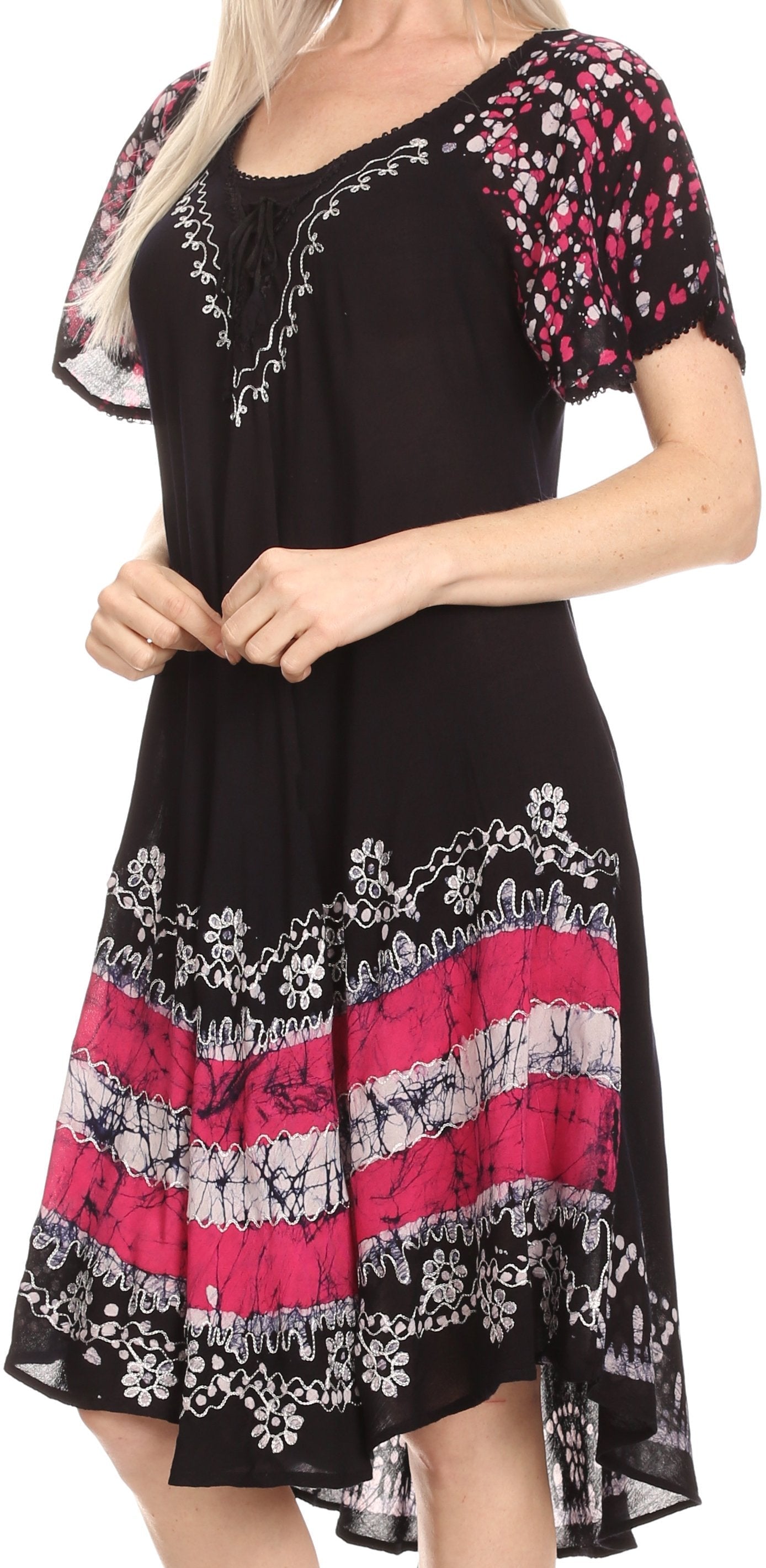 Sakkas Elisha Mid Length Batik Caftan Embroidered Cap Sleeves Floral Pattern - Concordia Style Boutique