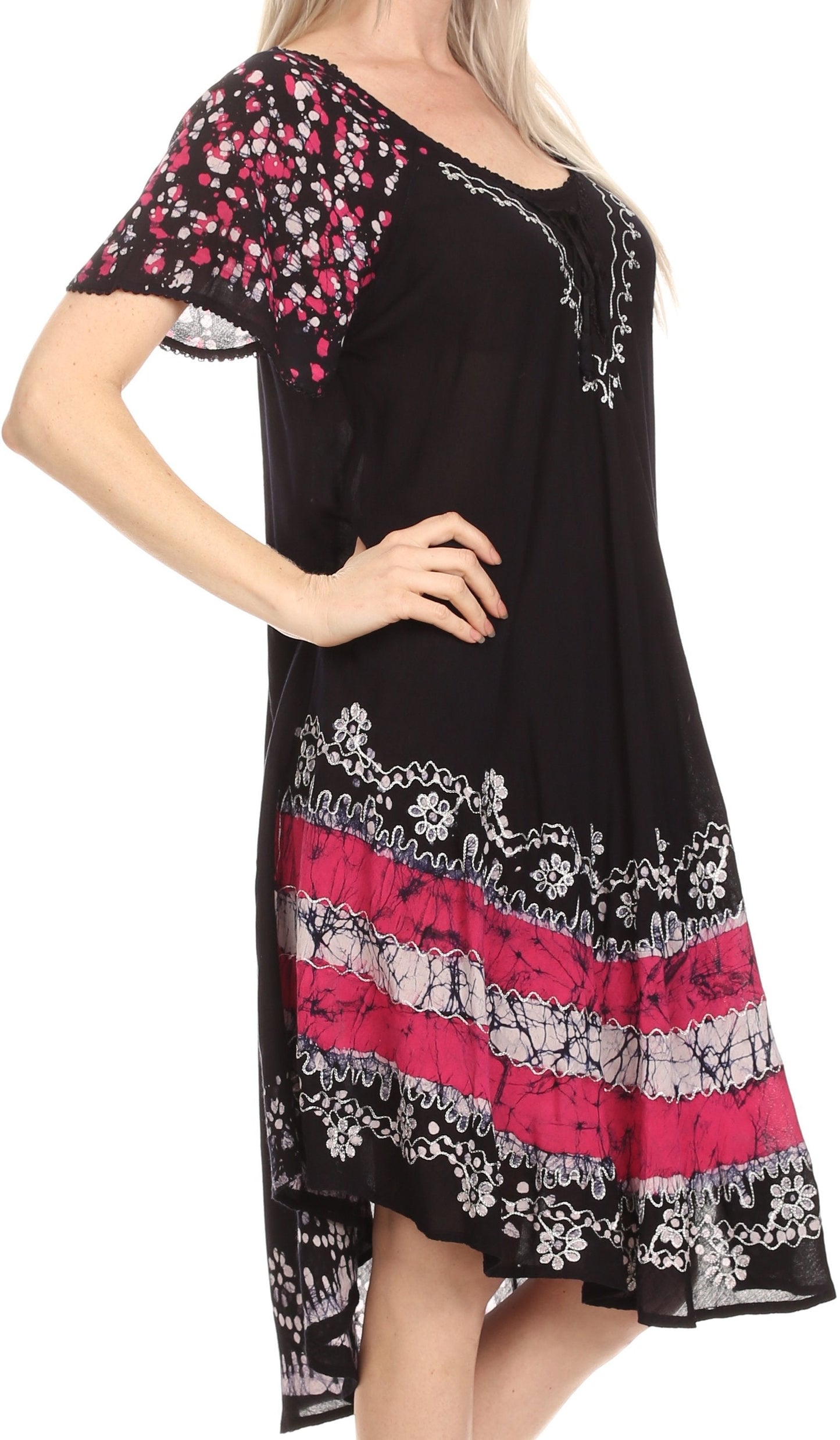 Sakkas Elisha Mid Length Batik Caftan Embroidered Cap Sleeves Floral Pattern - Concordia Style Boutique