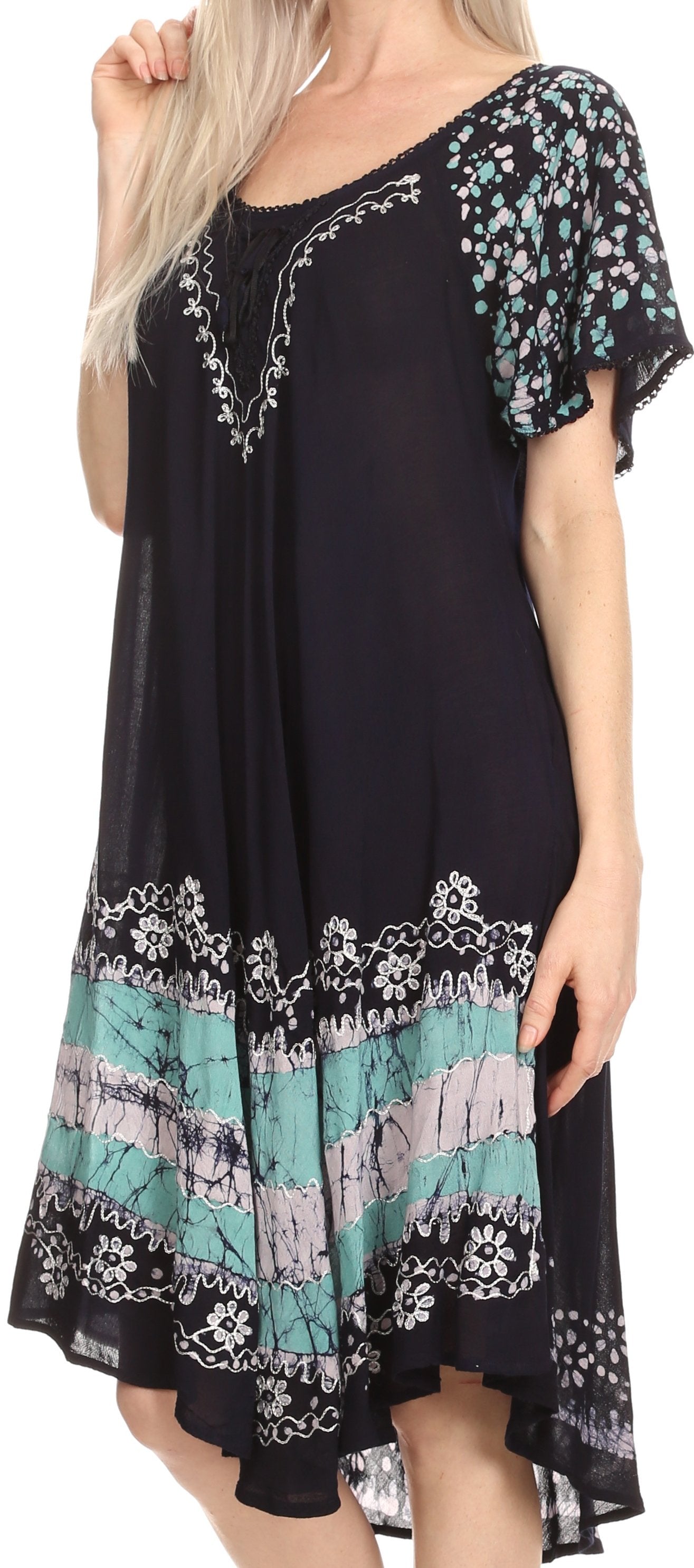 Sakkas Elisha Mid Length Batik Caftan Embroidered Cap Sleeves Floral Pattern - Concordia Style Boutique