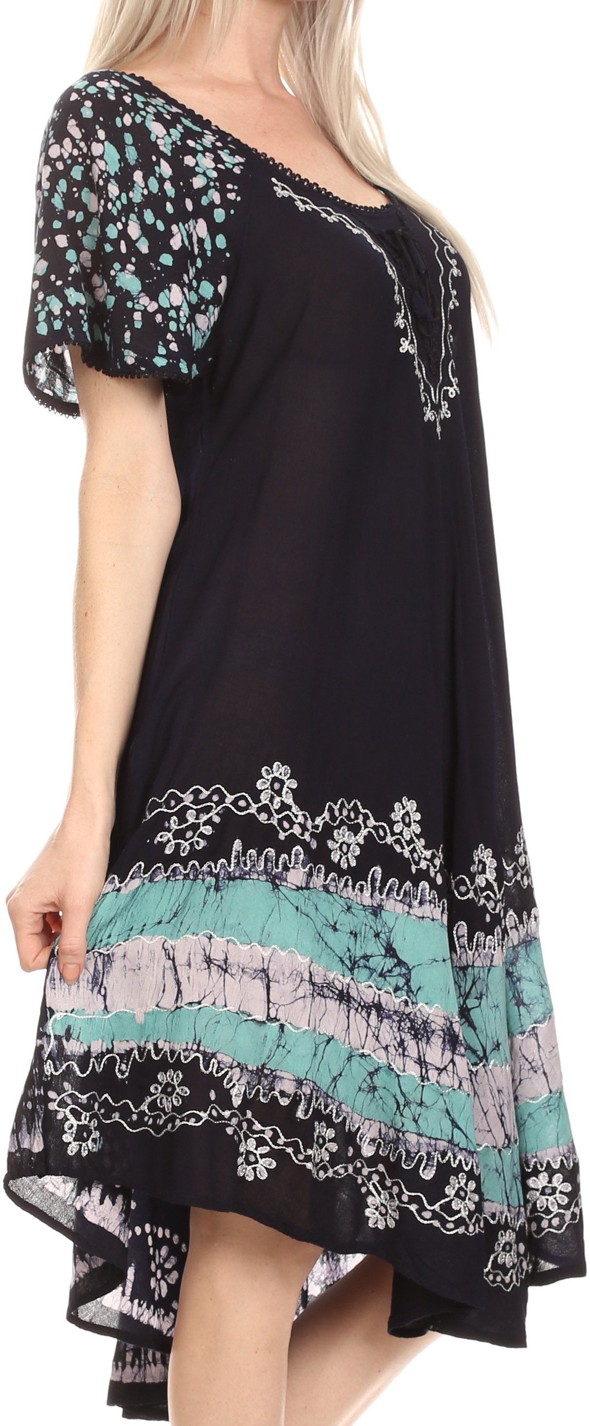 Sakkas Elisha Mid Length Batik Caftan Embroidered Cap Sleeves Floral Pattern - Concordia Style Boutique