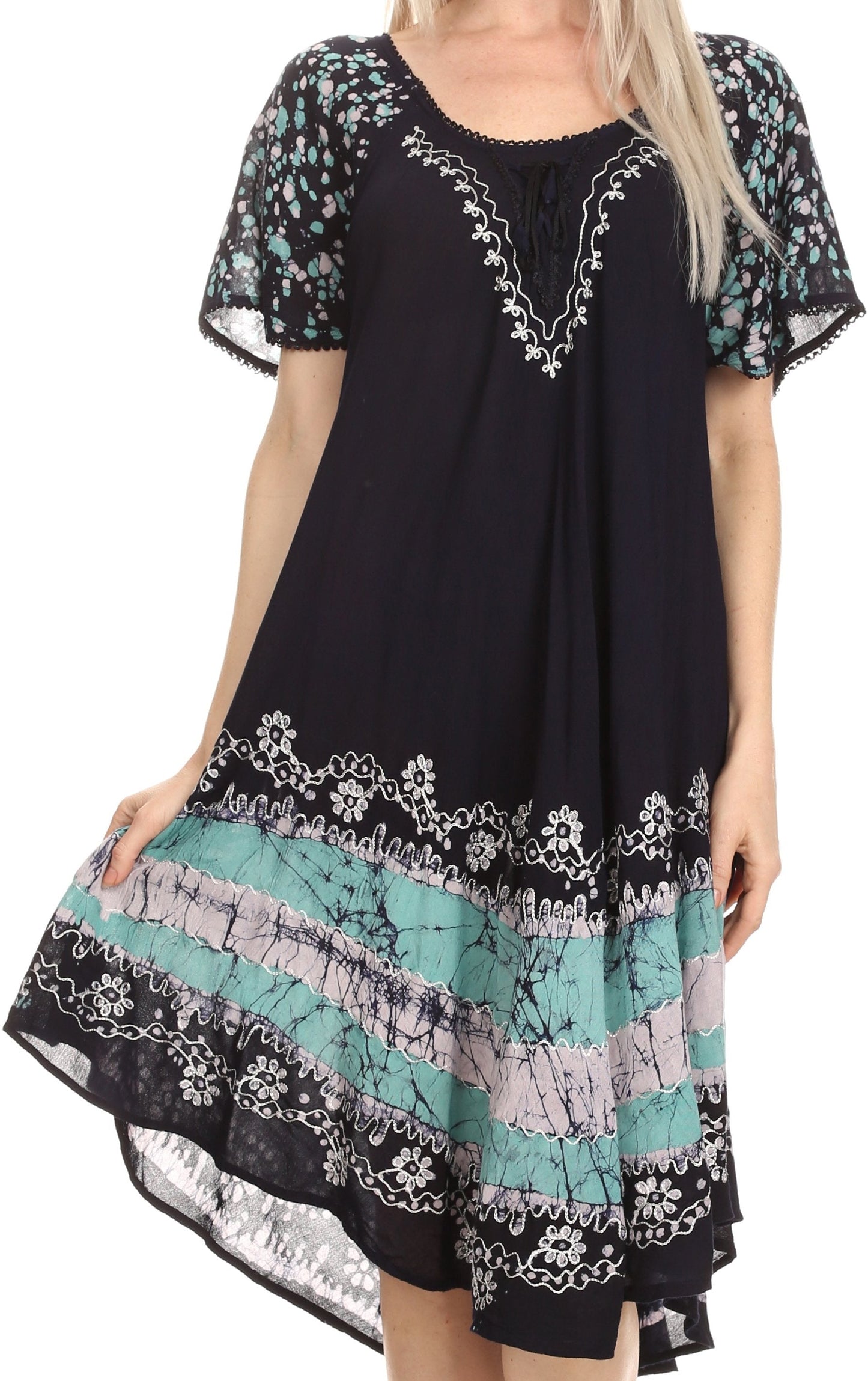 Sakkas Elisha Mid Length Batik Caftan Embroidered Cap Sleeves Floral Pattern - Concordia Style Boutique