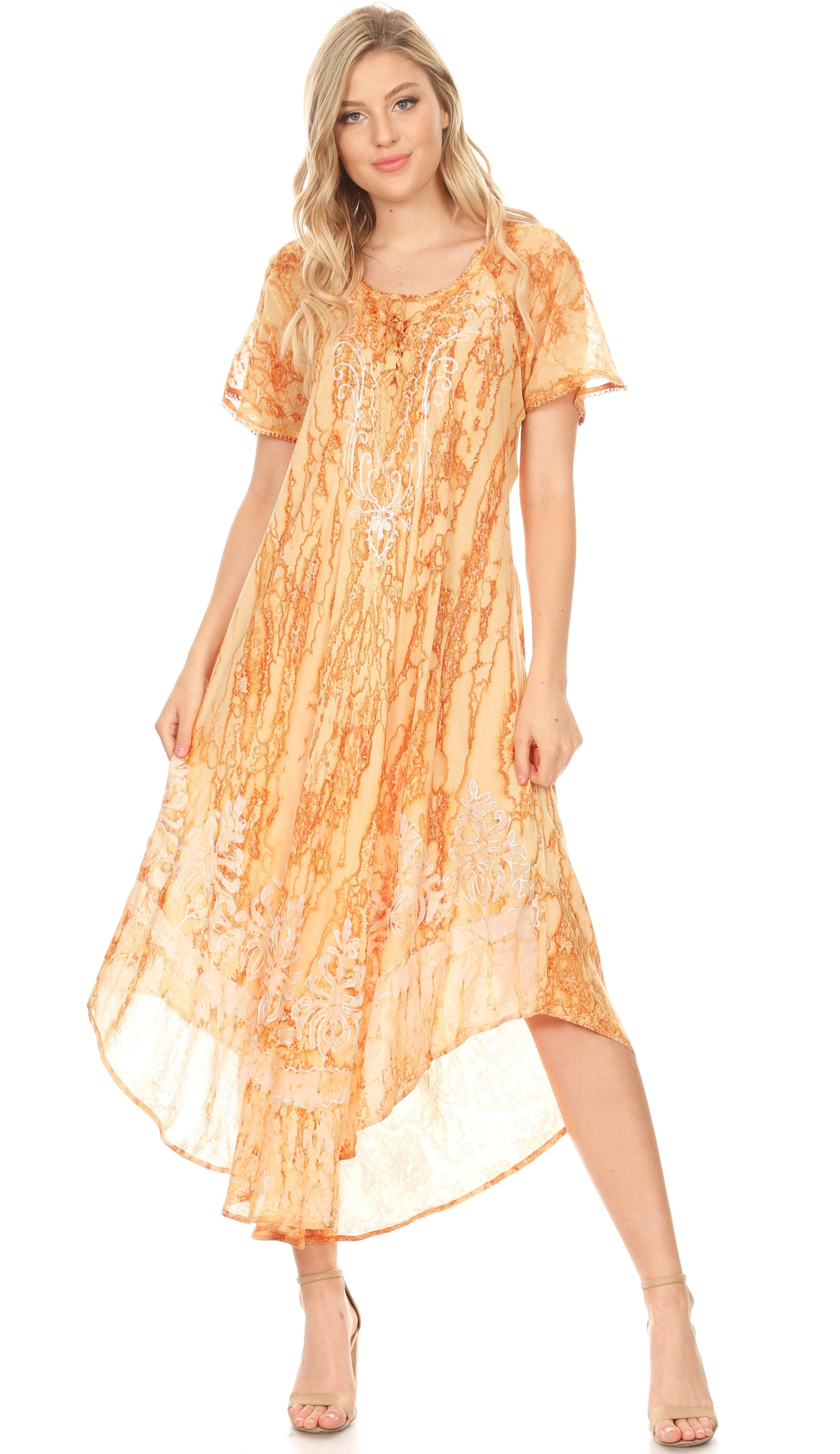 Sakkas Ronny Lace Embroidered Cap Sleeve Tie Dye Wash Caftan Dress / Cover Up - Concordia Style Boutique