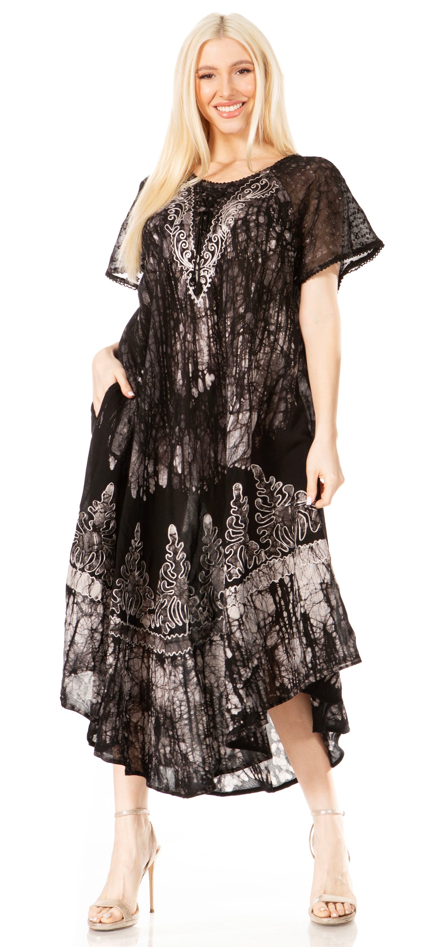 Sakkas Ronny Lace Embroidered Cap Sleeve Tie Dye Wash Caftan Dress / Cover Up - Concordia Style Boutique