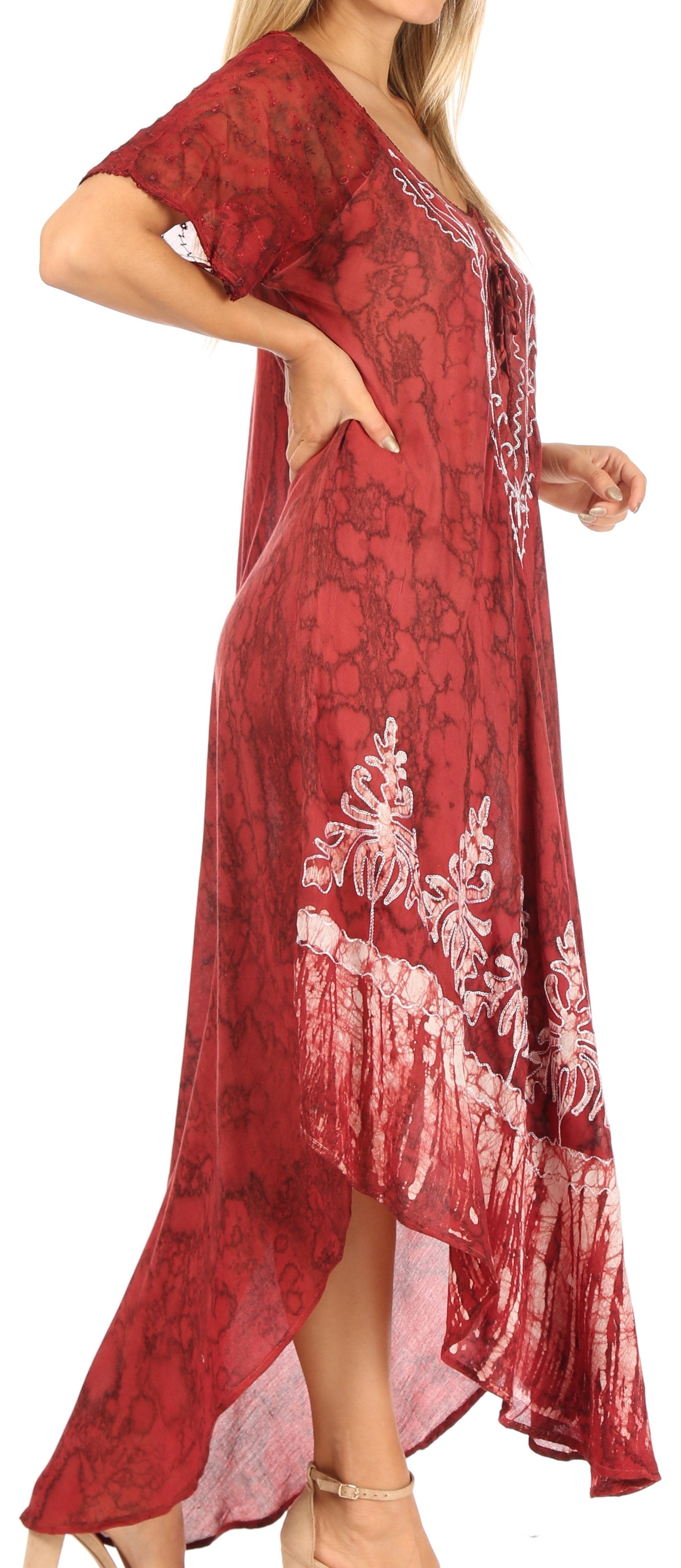 Sakkas Ronny Lace Embroidered Cap Sleeve Tie Dye Wash Caftan Dress / Cover Up - Concordia Style Boutique