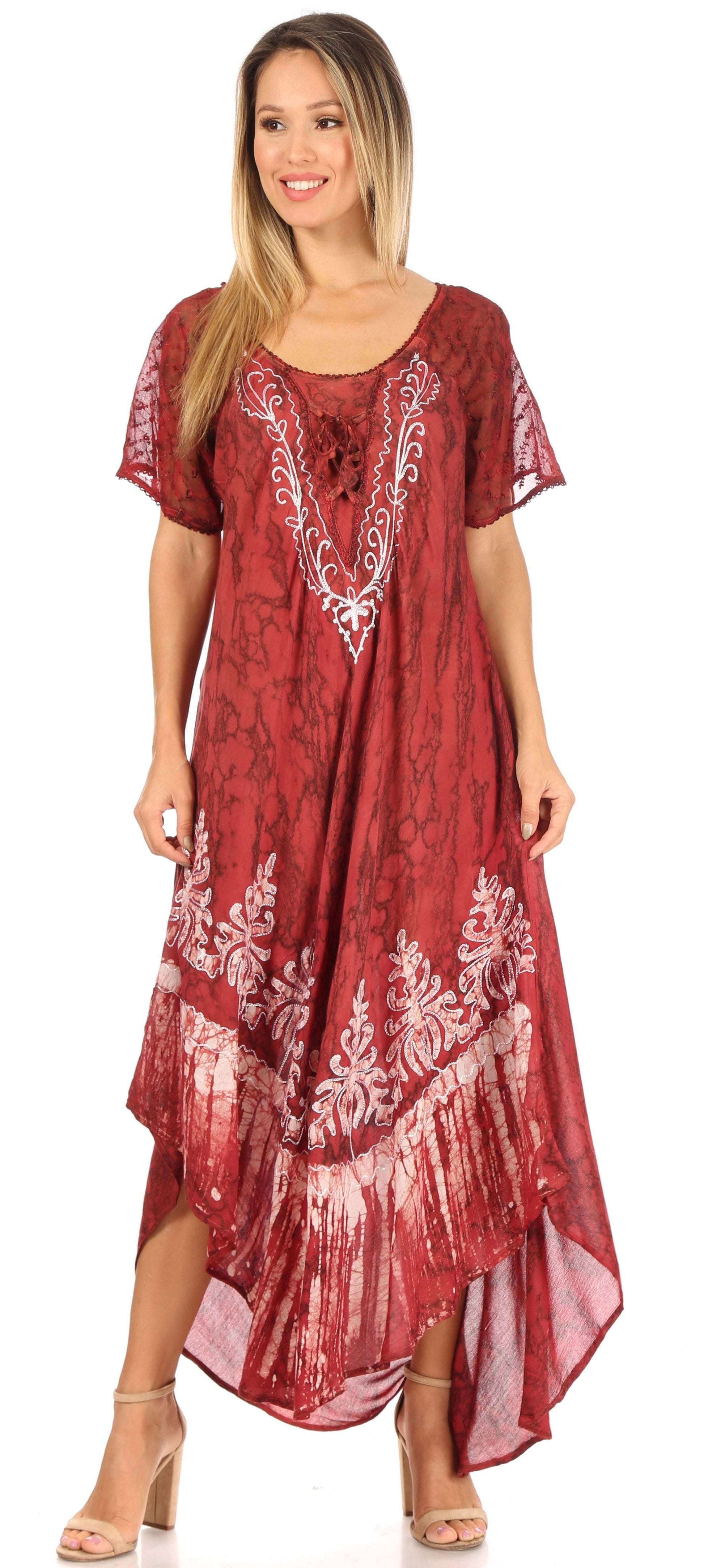 Sakkas Ronny Lace Embroidered Cap Sleeve Tie Dye Wash Caftan Dress / Cover Up - Concordia Style Boutique