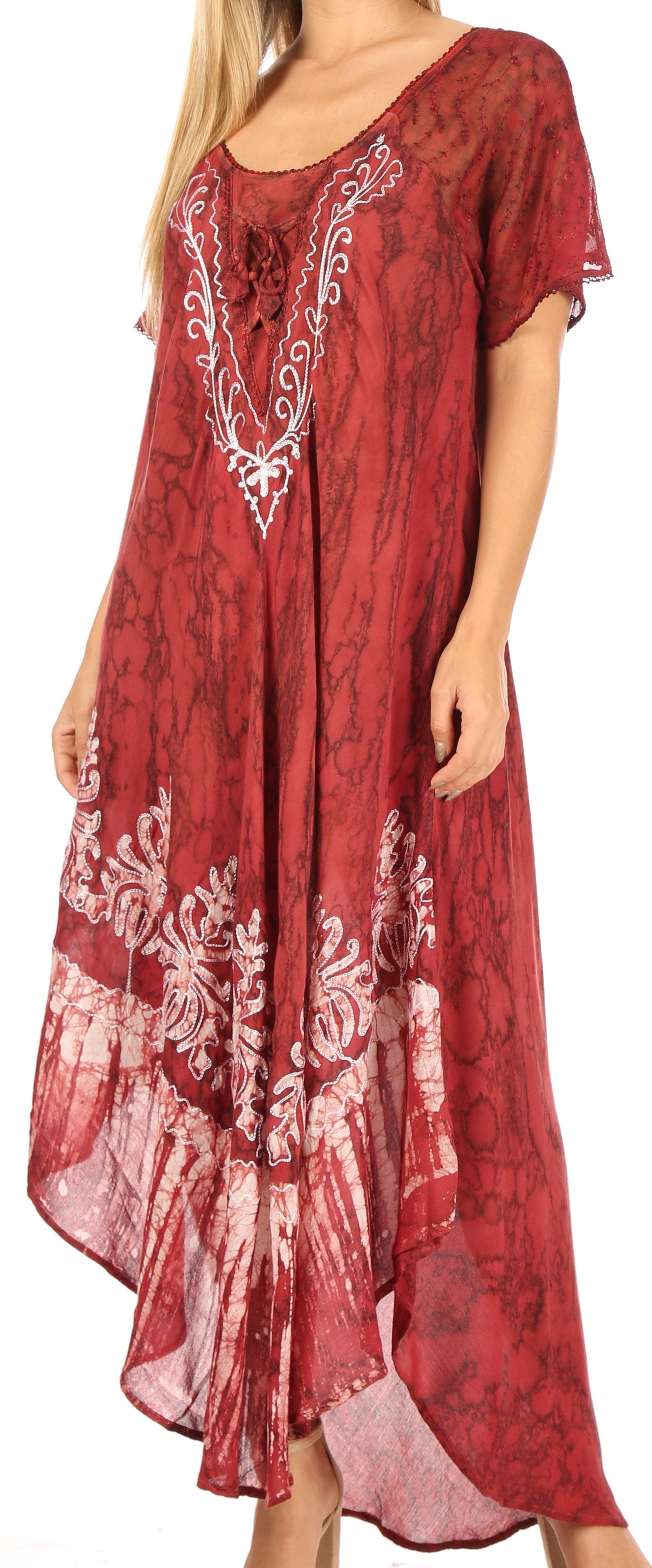 Sakkas Ronny Lace Embroidered Cap Sleeve Tie Dye Wash Caftan Dress / Cover Up - Concordia Style Boutique