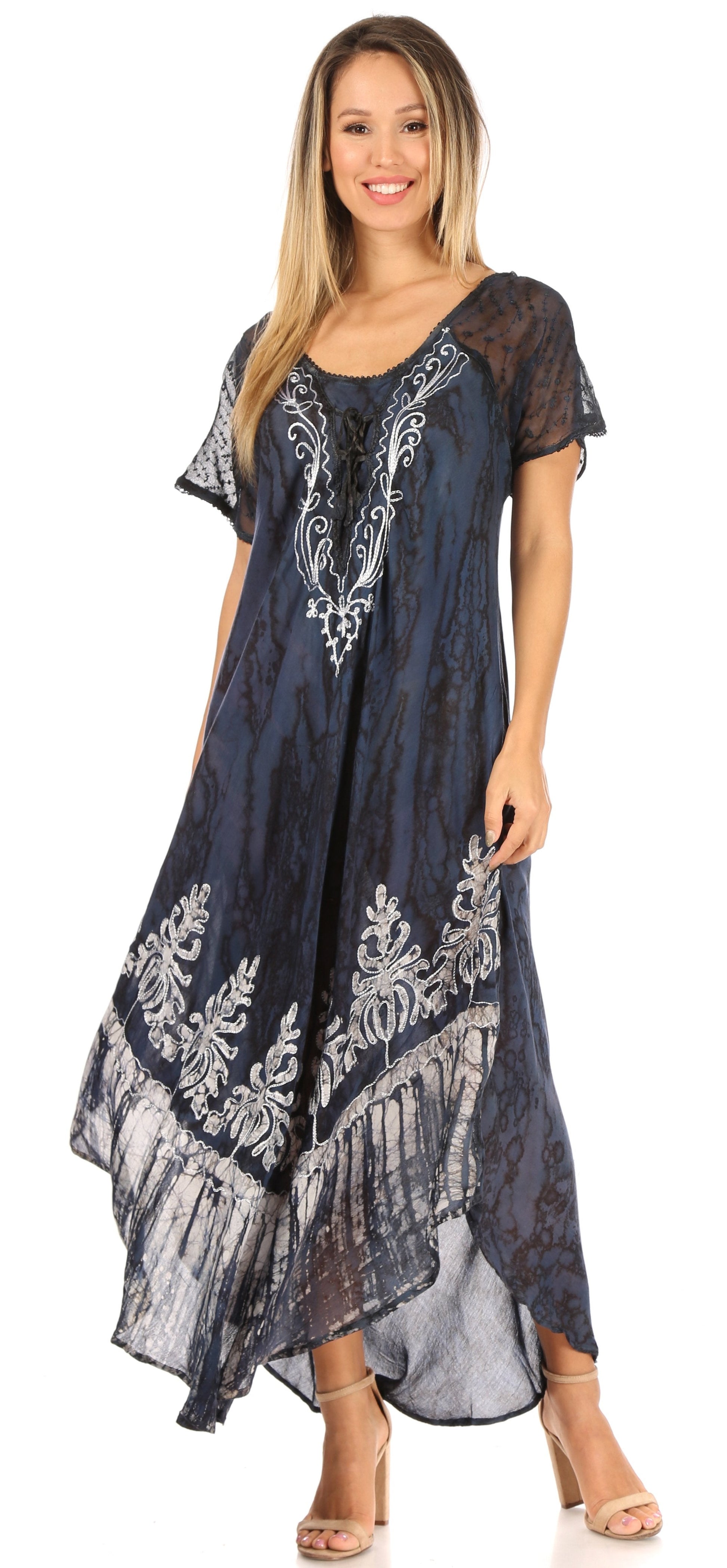 Sakkas Ronny Lace Embroidered Cap Sleeve Tie Dye Wash Caftan Dress / Cover Up - Concordia Style Boutique
