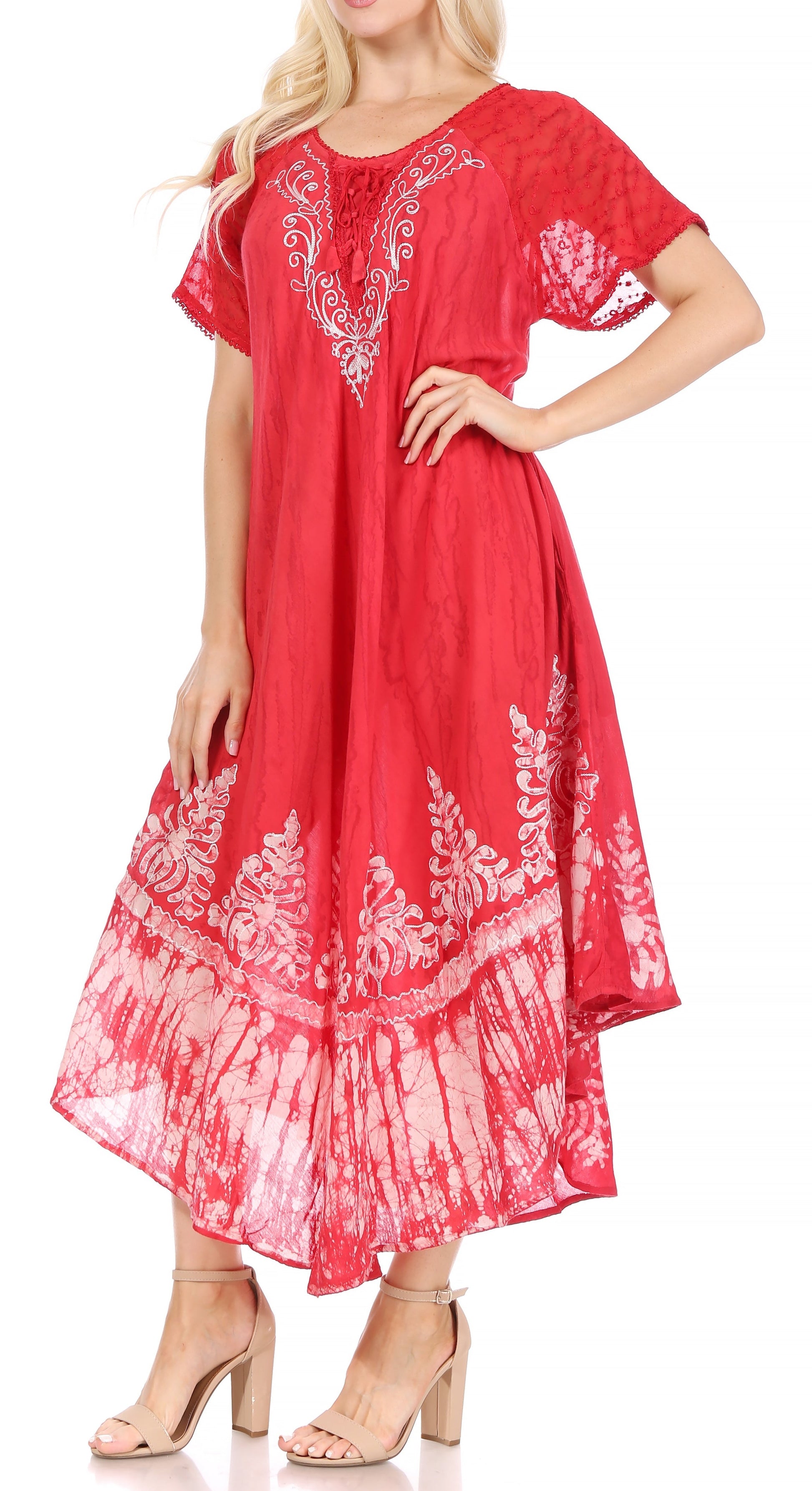 Sakkas Ronny Lace Embroidered Cap Sleeve Tie Dye Wash Caftan Dress / Cover Up - Concordia Style Boutique