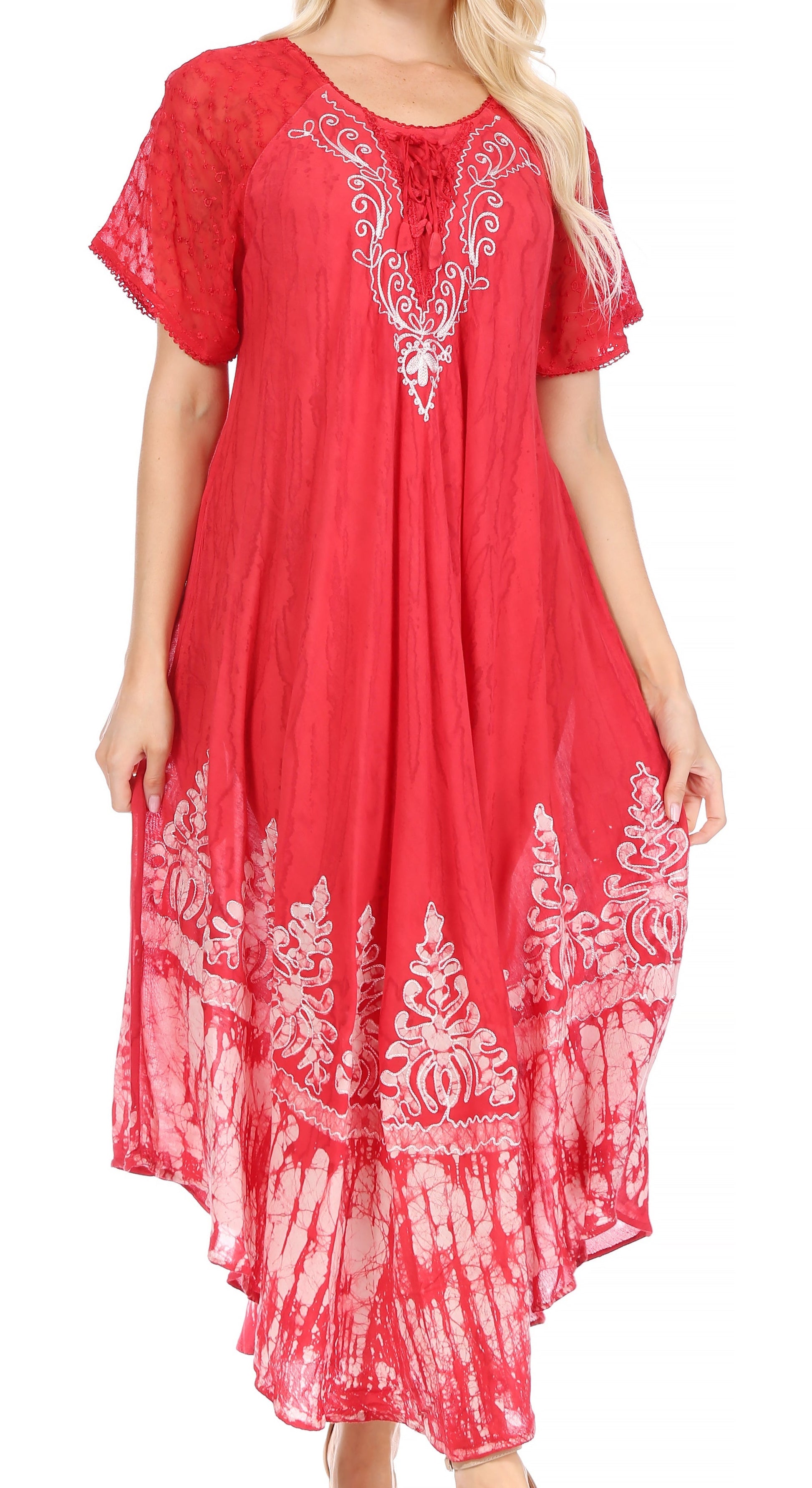 Sakkas Ronny Lace Embroidered Cap Sleeve Tie Dye Wash Caftan Dress / Cover Up - Concordia Style Boutique