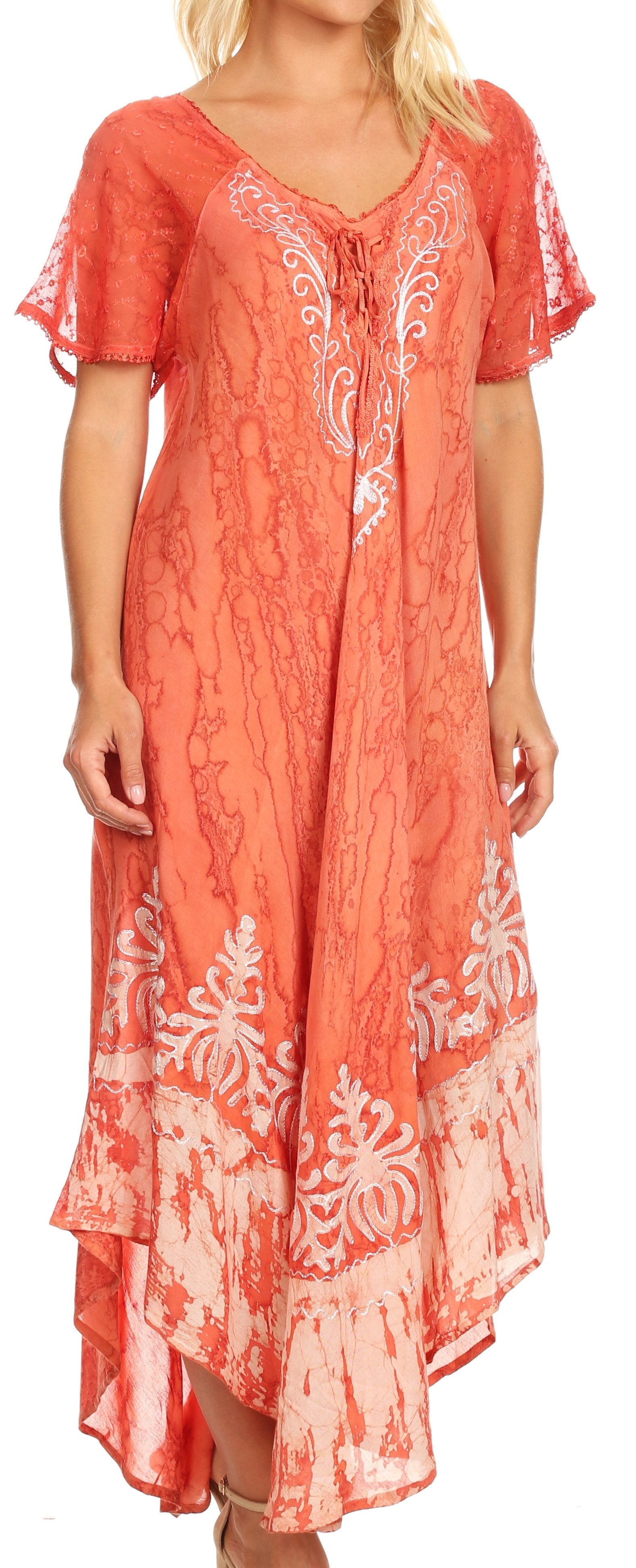 Sakkas Ronny Lace Embroidered Cap Sleeve Tie Dye Wash Caftan Dress / Cover Up - Concordia Style Boutique