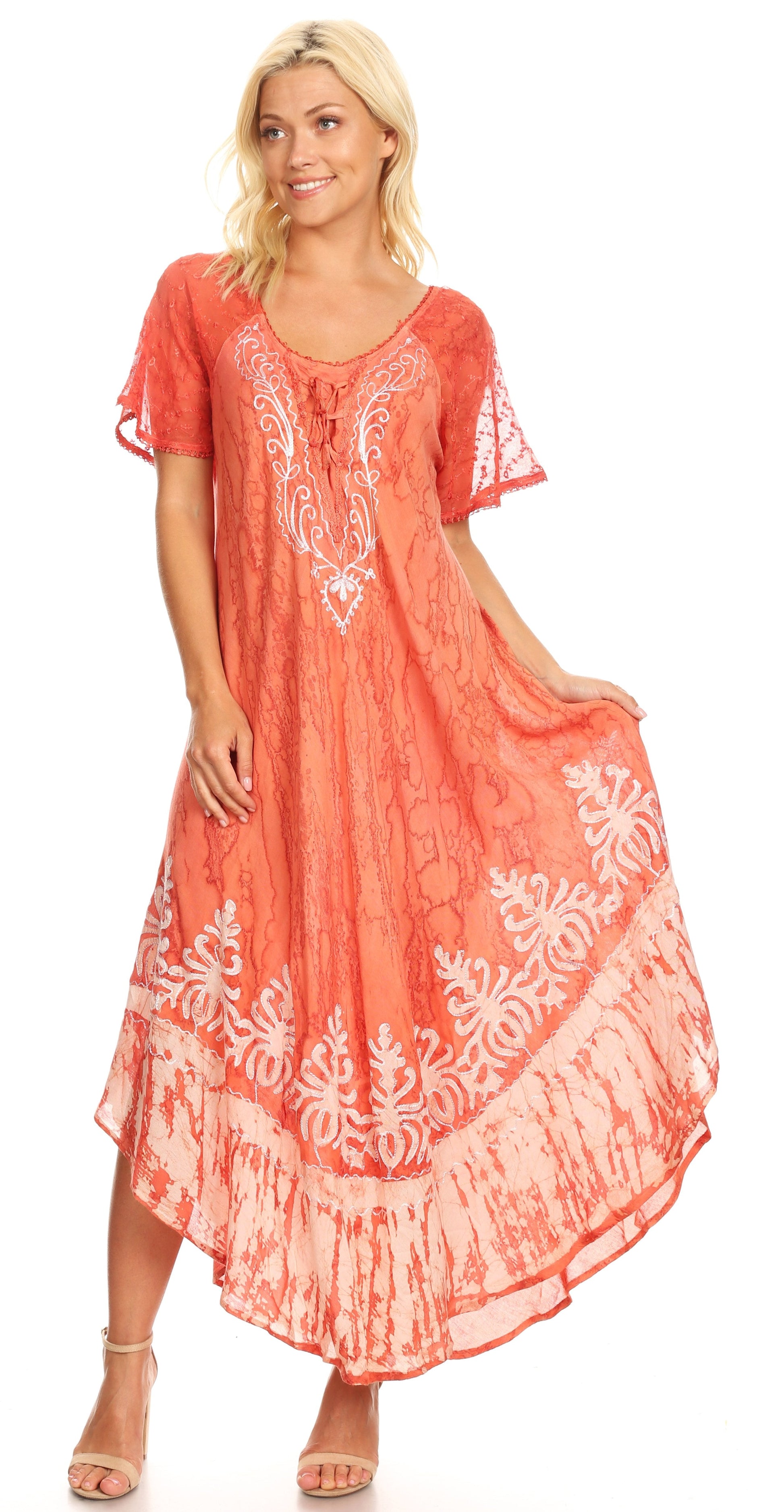 Sakkas Ronny Lace Embroidered Cap Sleeve Tie Dye Wash Caftan Dress / Cover Up - Concordia Style Boutique