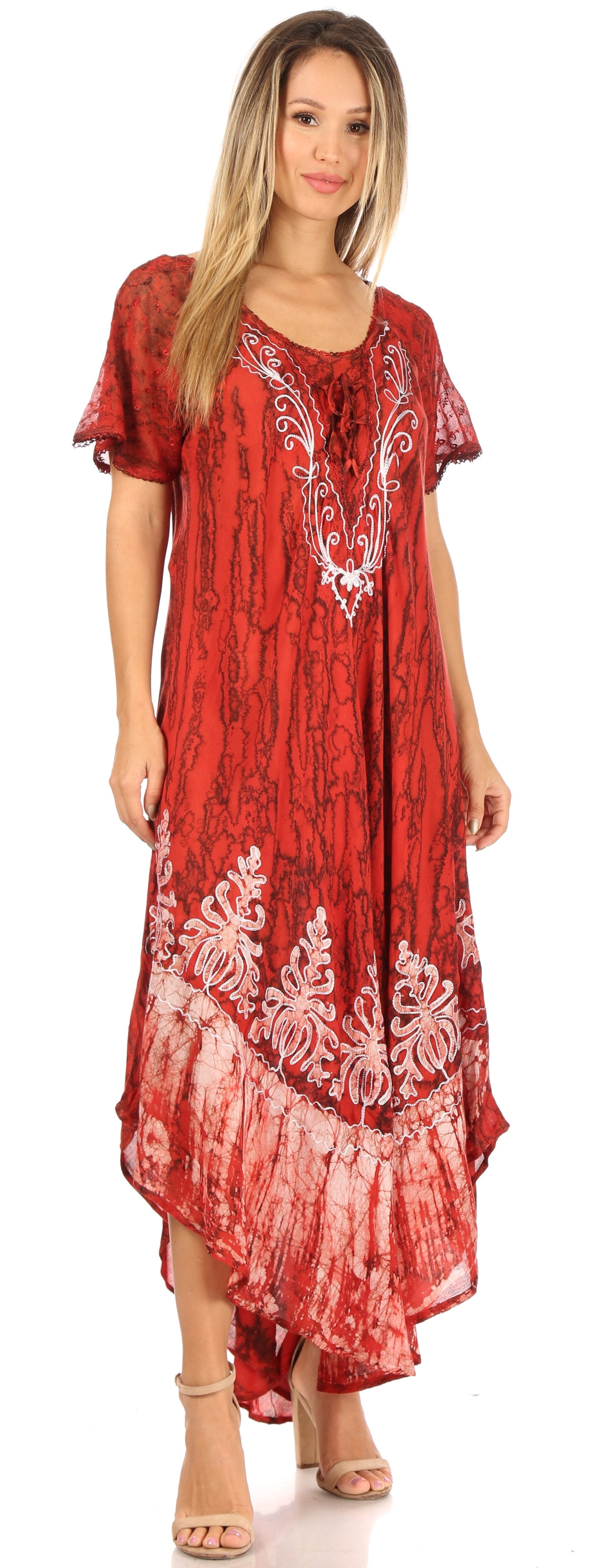 Sakkas Ronny Lace Embroidered Cap Sleeve Tie Dye Wash Caftan Dress / Cover Up - Concordia Style Boutique