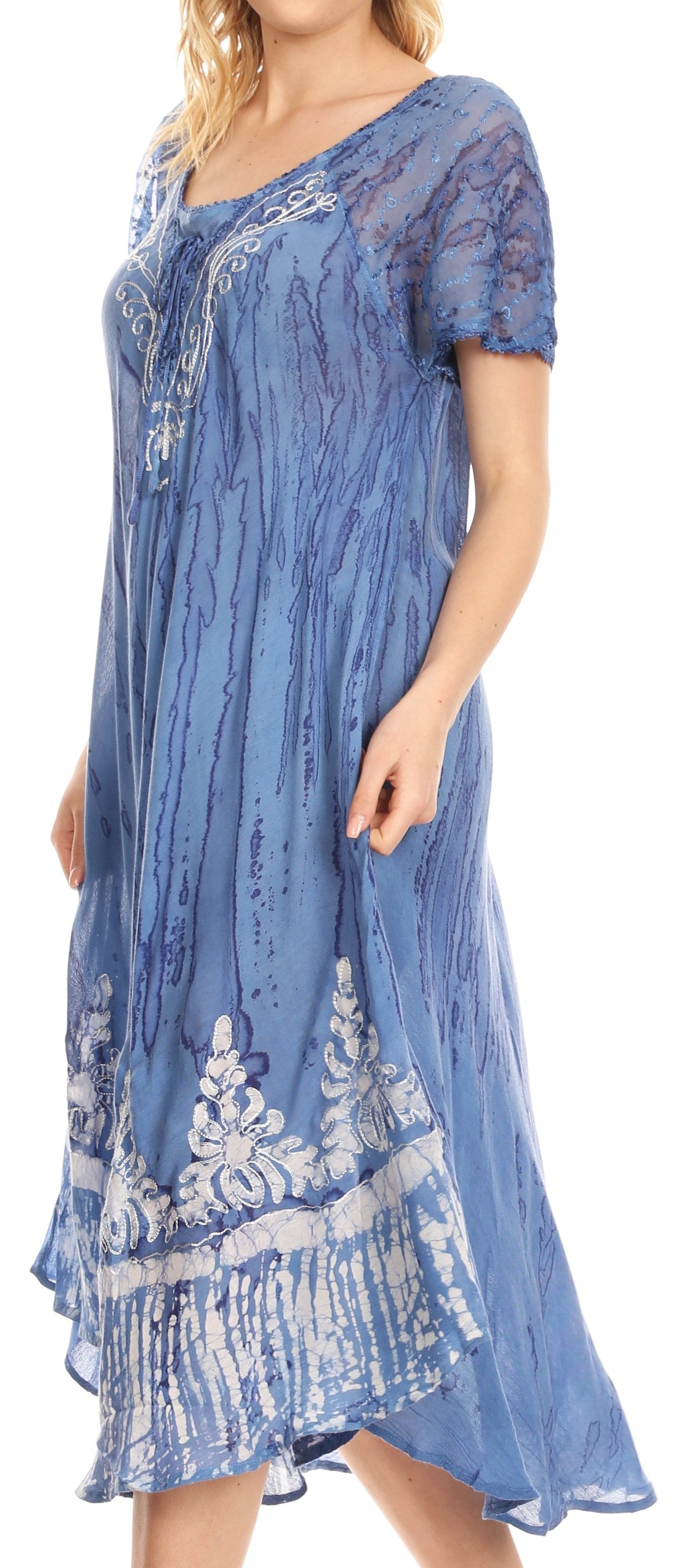 Sakkas Ronny Lace Embroidered Cap Sleeve Tie Dye Wash Caftan Dress / Cover Up - Concordia Style Boutique