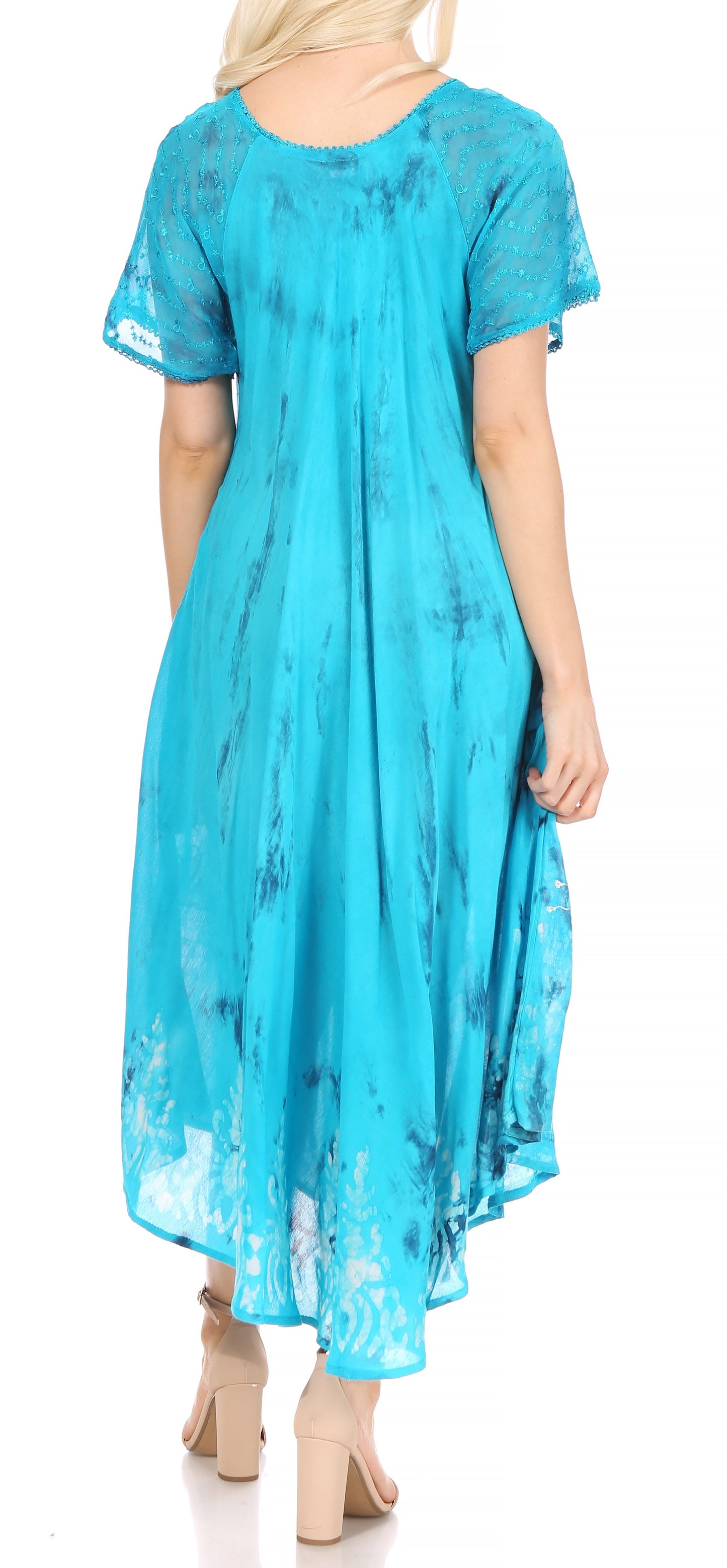 Sakkas Ronny Lace Embroidered Cap Sleeve Tie Dye Wash Caftan Dress / Cover Up - Concordia Style Boutique