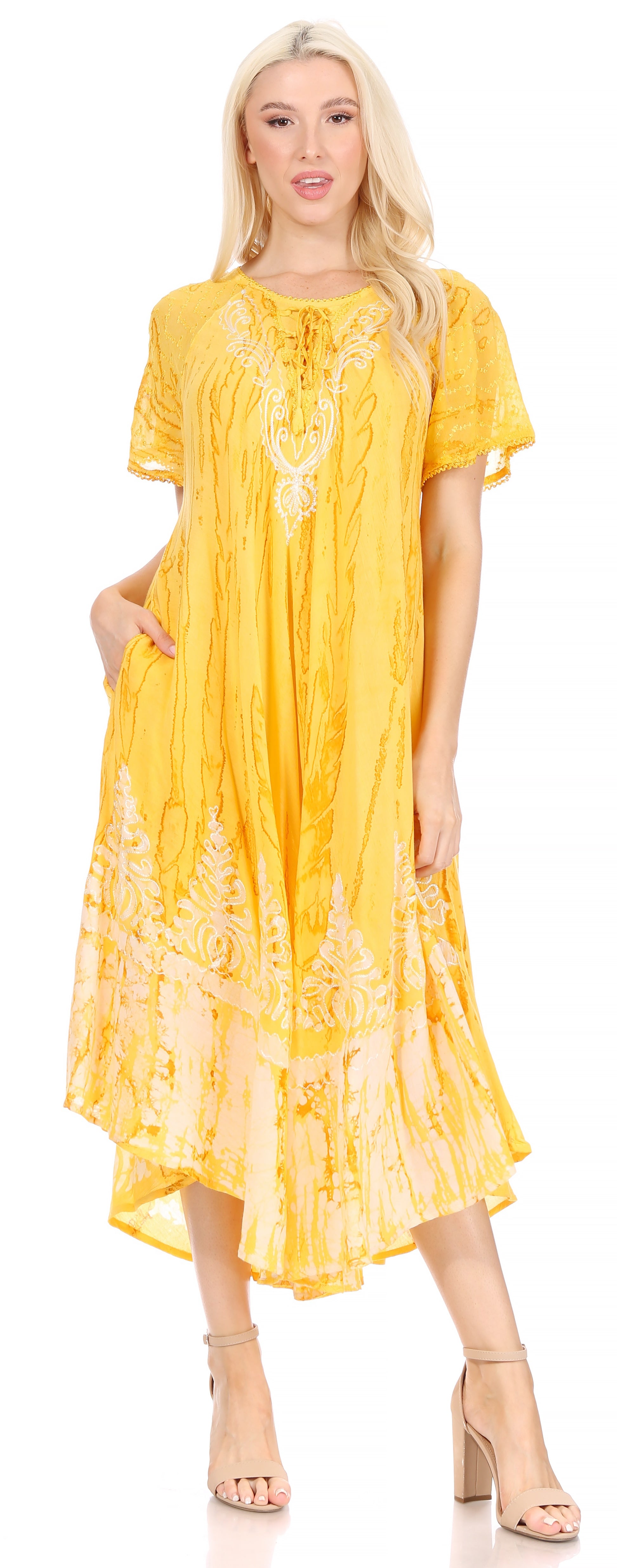 Sakkas Ronny Lace Embroidered Cap Sleeve Tie Dye Wash Caftan Dress / Cover Up - Concordia Style Boutique