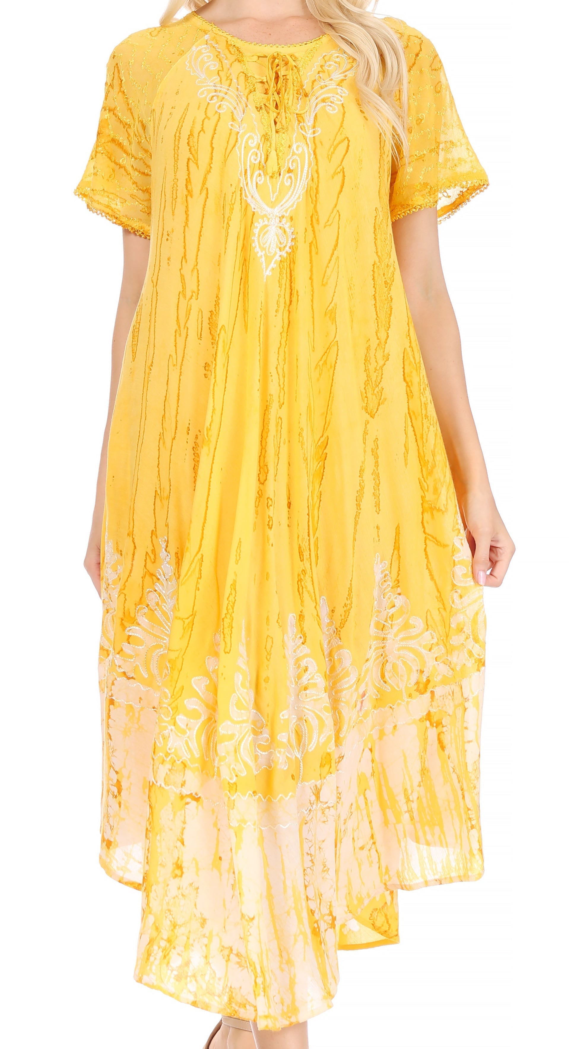 Sakkas Ronny Lace Embroidered Cap Sleeve Tie Dye Wash Caftan Dress / Cover Up - Concordia Style Boutique