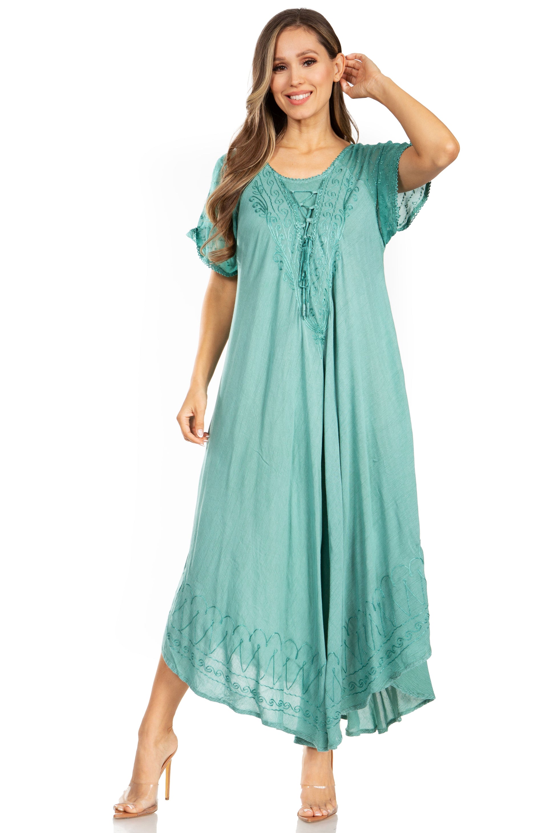 Sakkas Egan Women's Long Embroidered Caftan Dress / Cover Up With Embroidered Cap Sleeves - Concordia Style Boutique