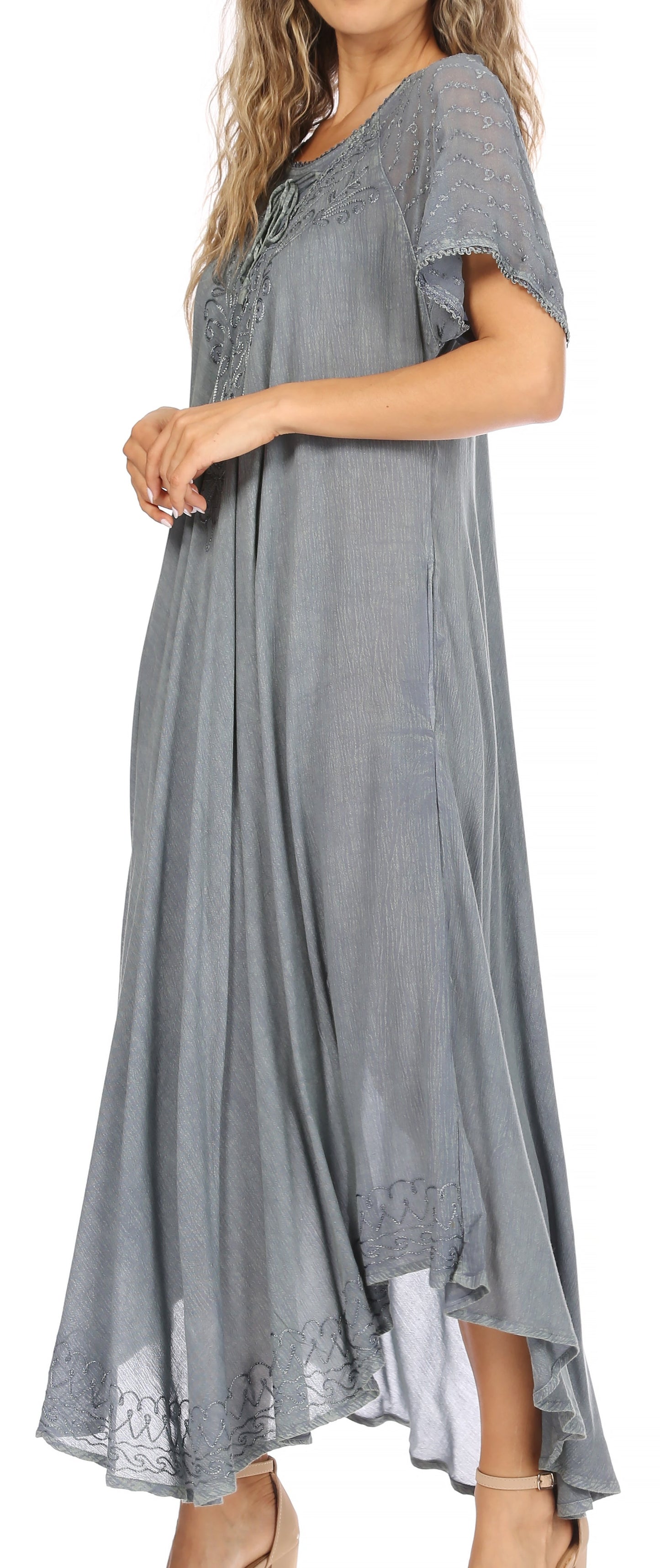 Sakkas Egan Women's Long Embroidered Caftan Dress / Cover Up With Embroidered Cap Sleeves - Concordia Style Boutique